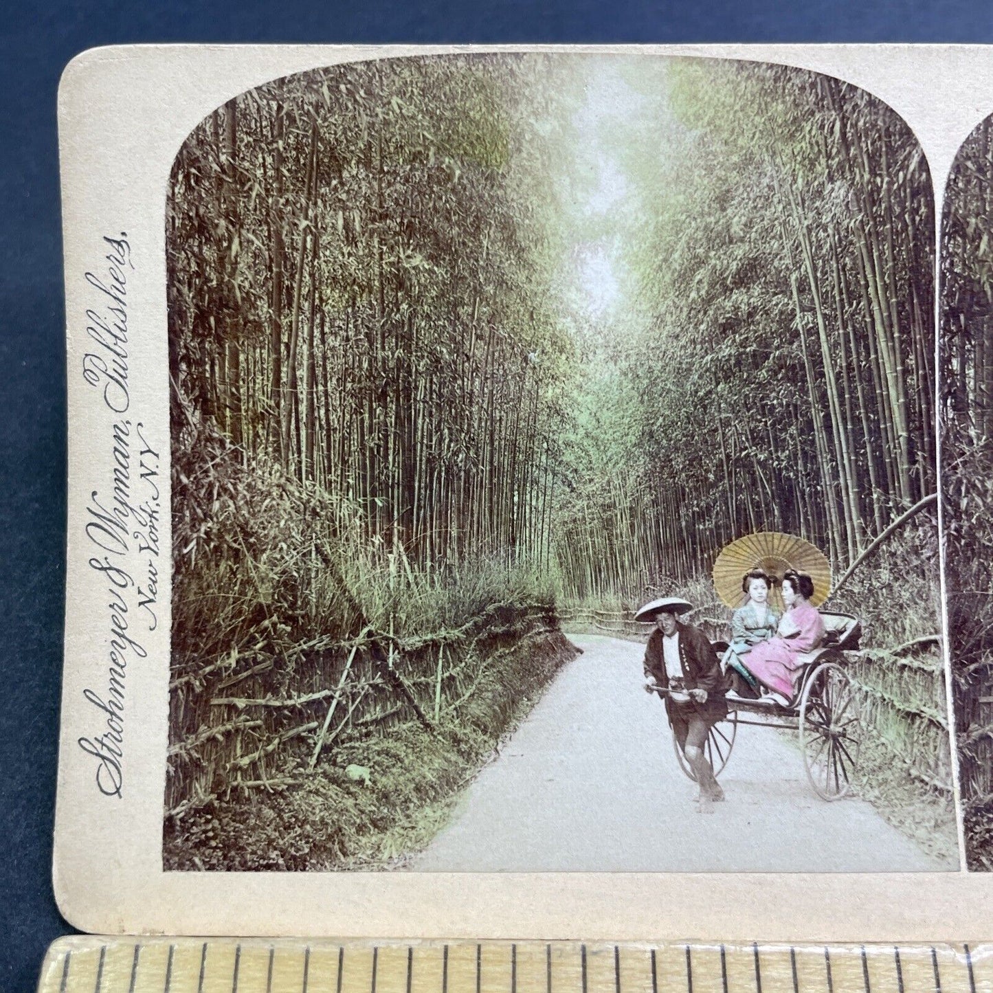 Antique 1896 Teenage Girls In A Rickshaw Kyoto Japan Stereoview Photo Card V516