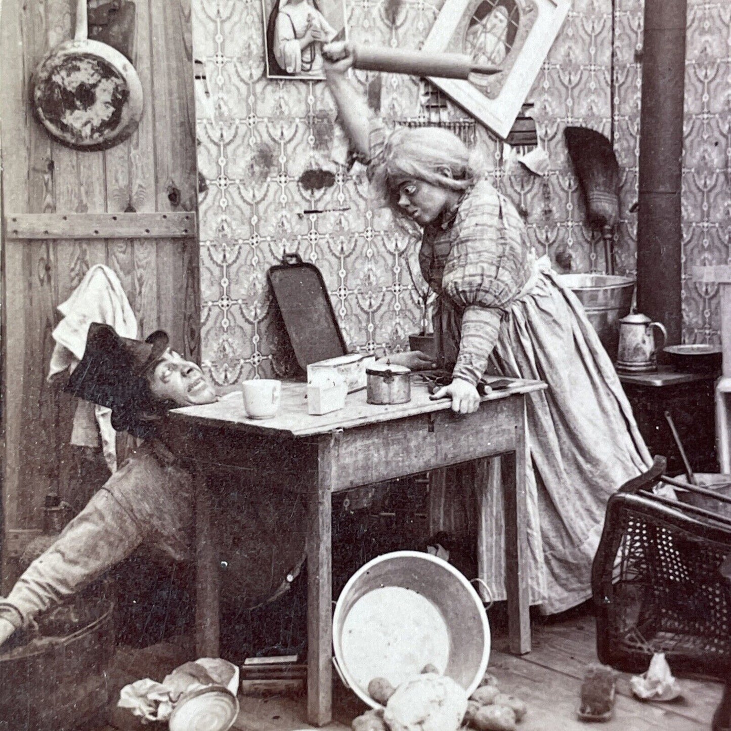 Lot of 2 Woman Beats Man with Rolling Pin Stereoview Series c1897 Y1392