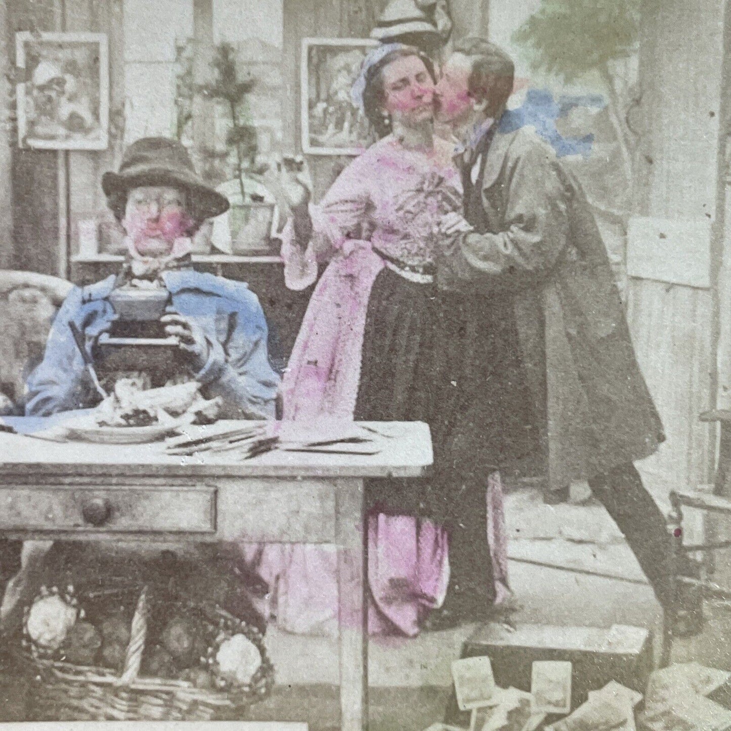 Antique 1870s A Thief Steals A Kiss From Mans Wife Stereoview Photo Card P3999