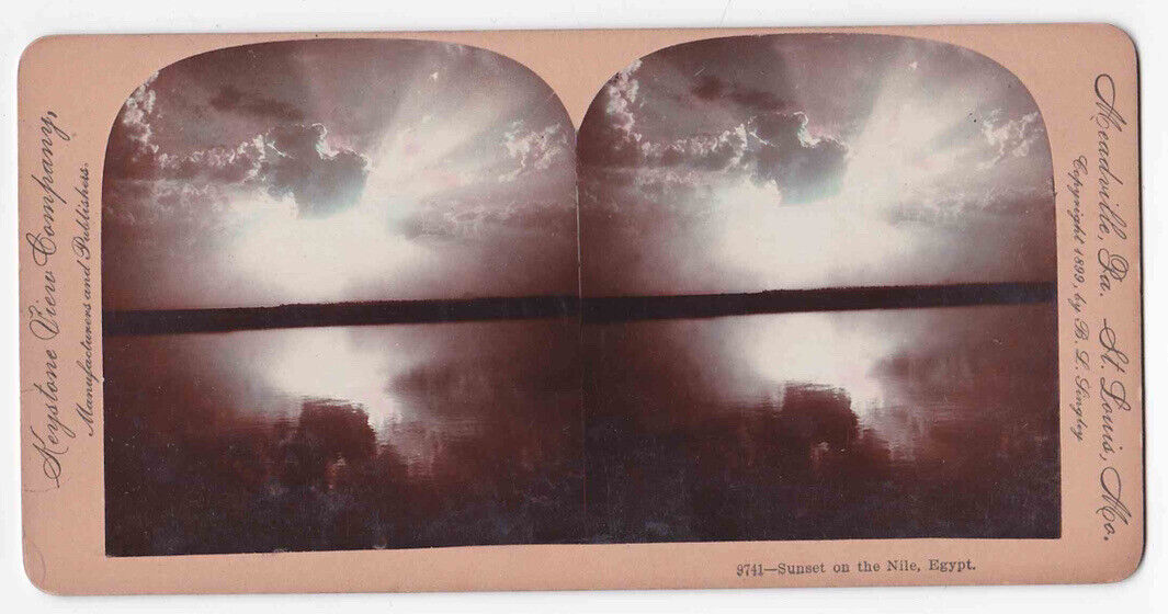Antique 1899 Hand-Colored River Nile Sunset Photo Card, John Cattron, Iowa, P026