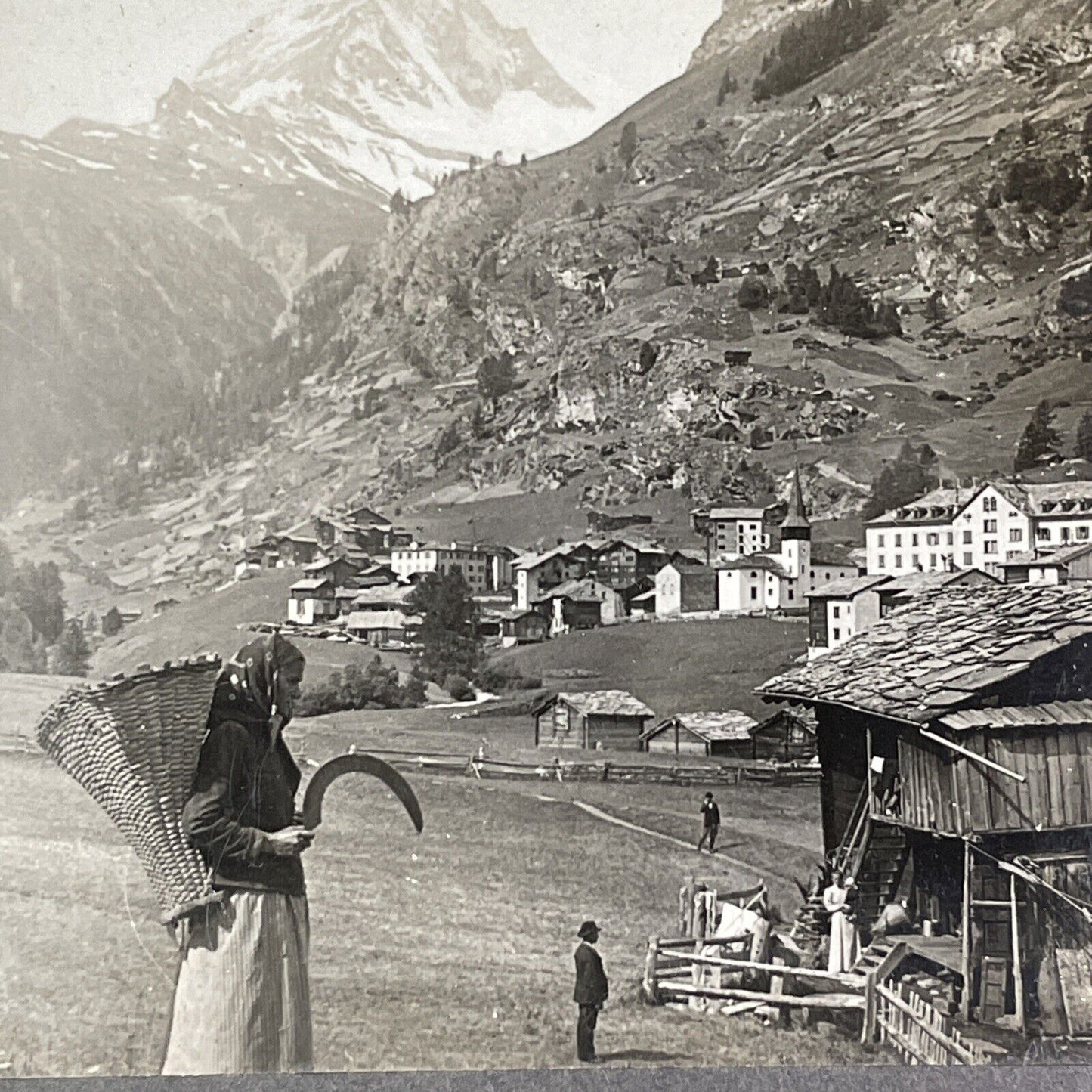 Woman with Scythe Matterhorn Zermatt Switzerland Stereoview Antique c1899 Y493