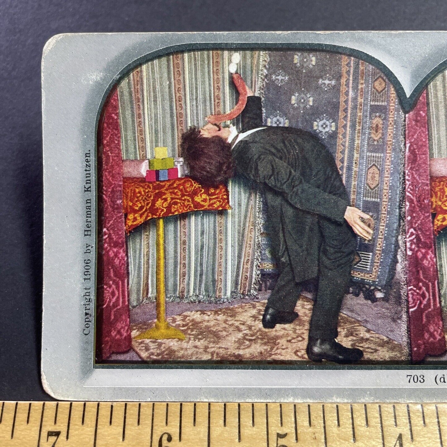 Antique 1906 Circus Magician Balancing Eggs & Sausage Stereoview Photo Card 2262