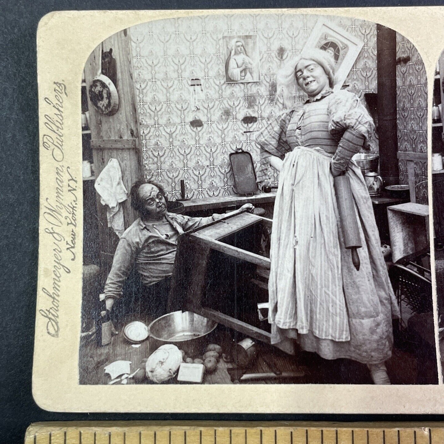 Lot of 2 Woman Beats Man with Rolling Pin Stereoview Series c1897 Y1392