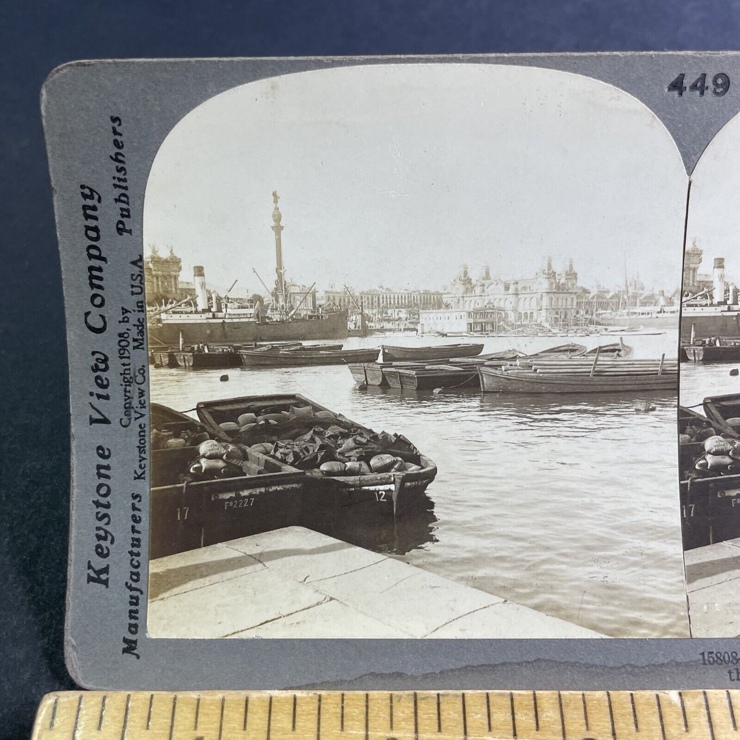 Antique 1908 City Of Barcelona Spain From Harbor Stereoview Photo Card P2183