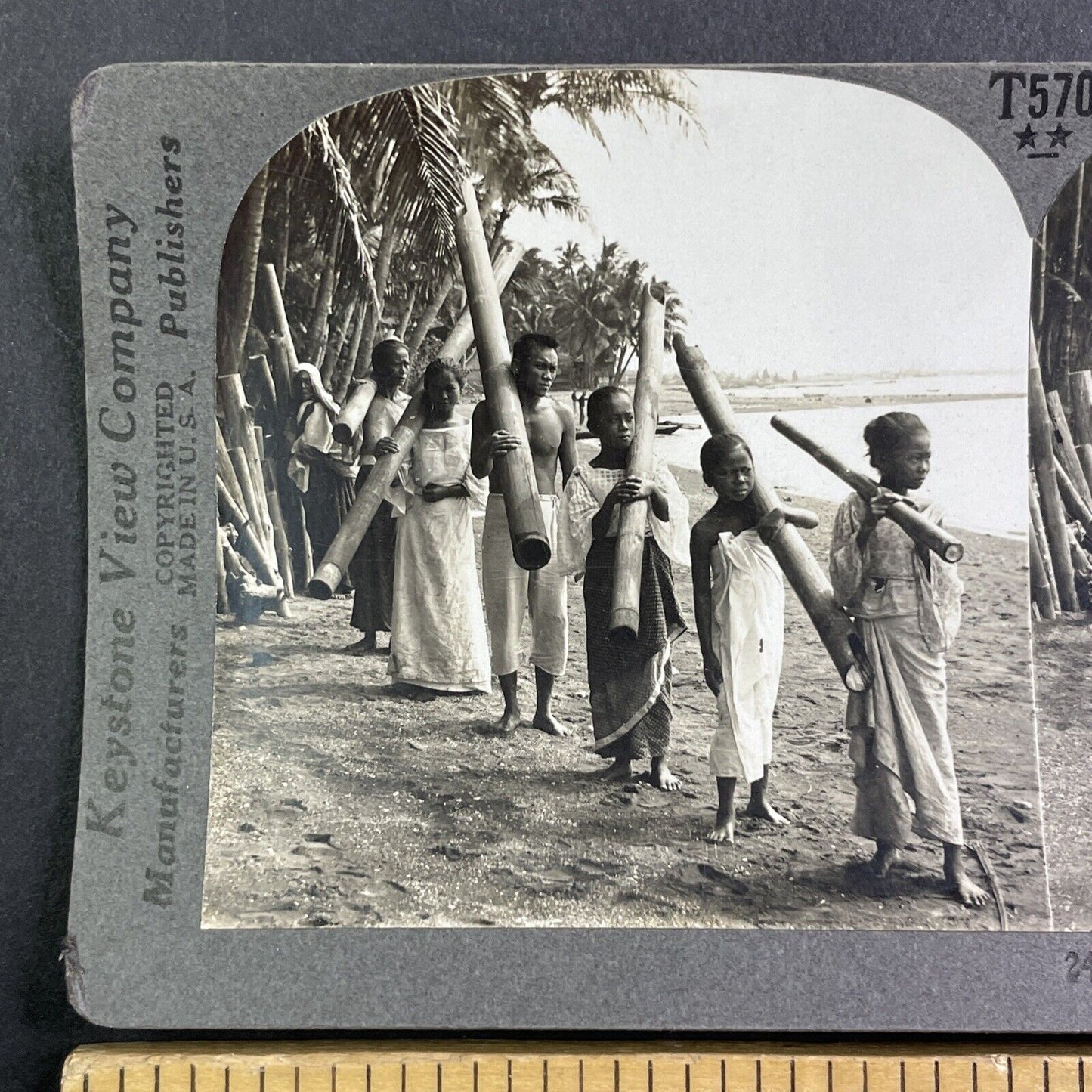 Natives Carrying Water Jugs Stereoview The Philippines Antique c1909 Y413
