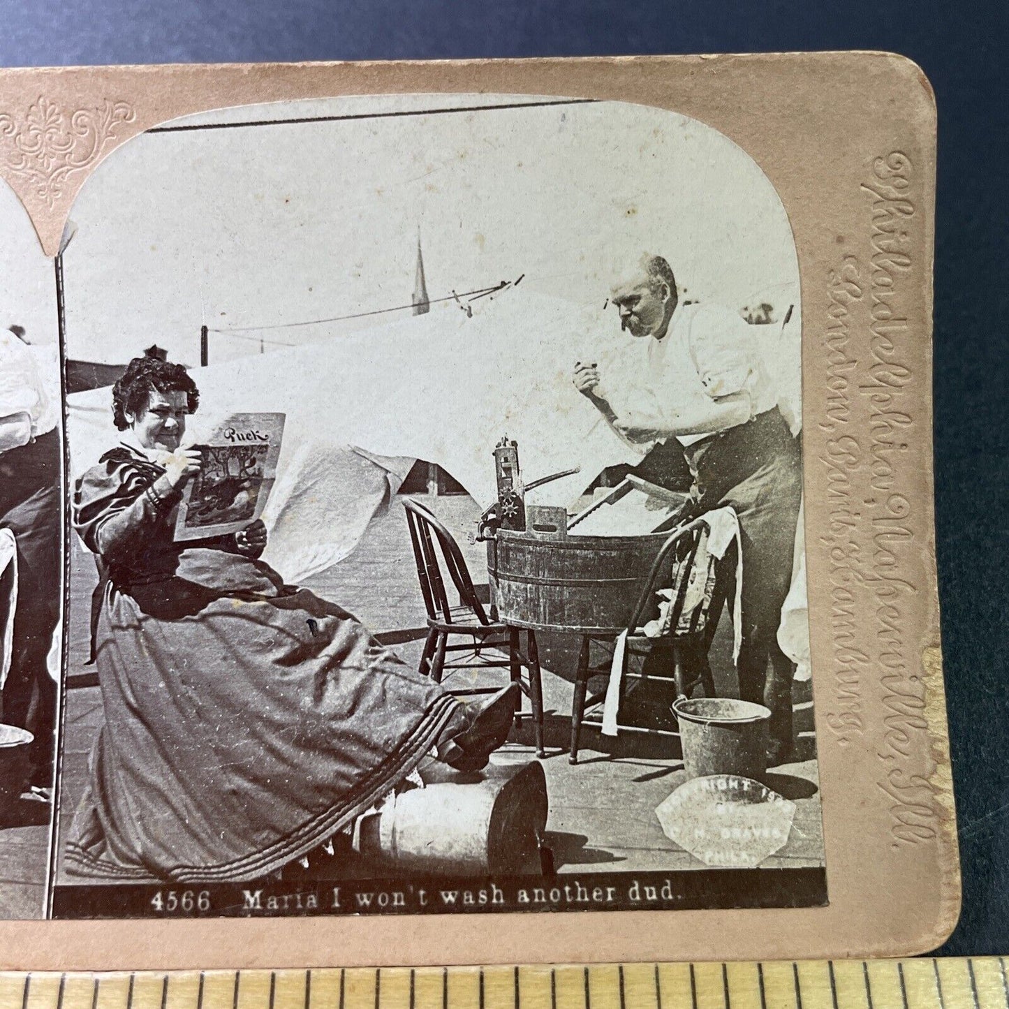 Antique 1870s Portuguese Couple Washing Clothing Stereoview Photo Card P3394