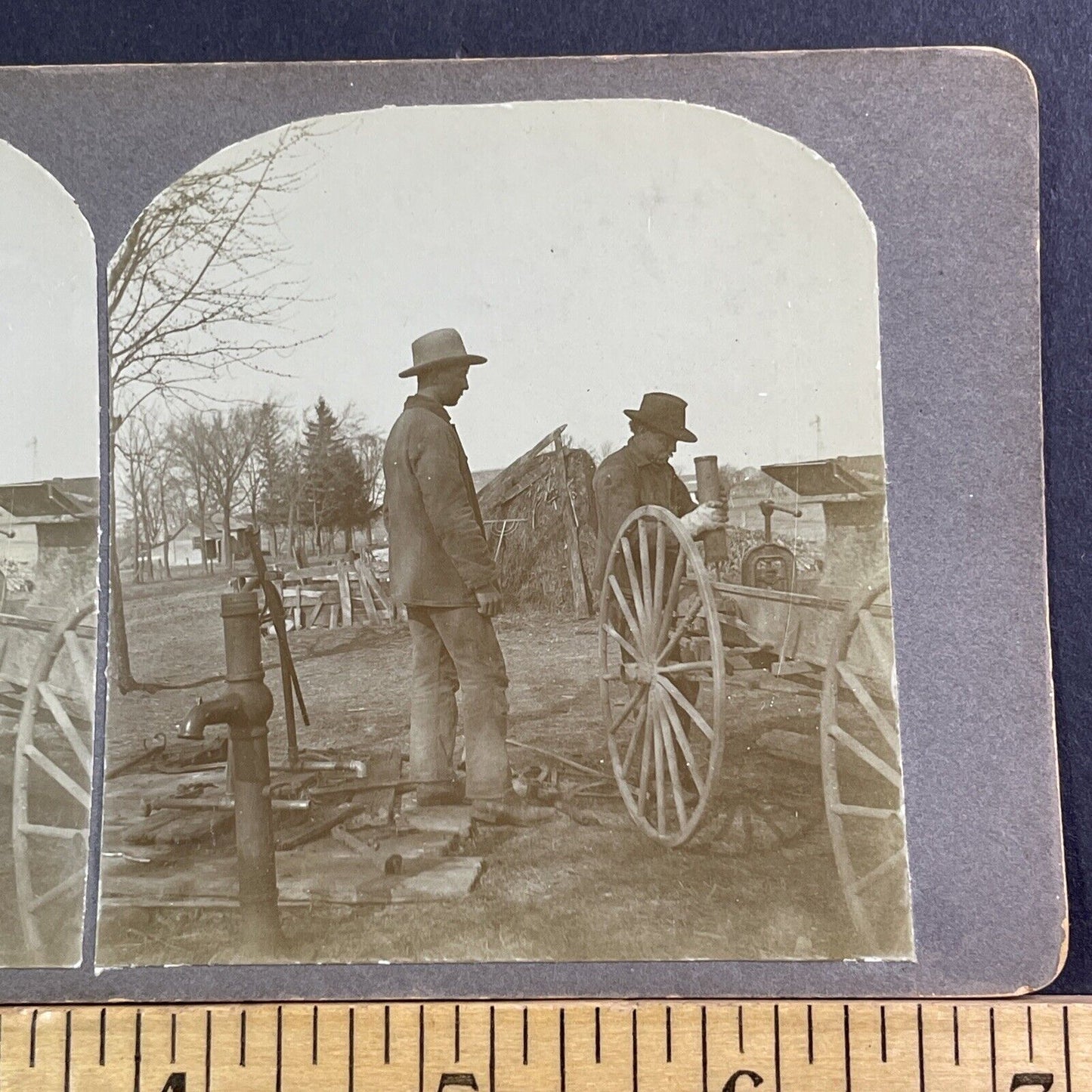 Farmers Fixing A Water Well Stereoview Sharon Wisconsin Antique c1910 X1603