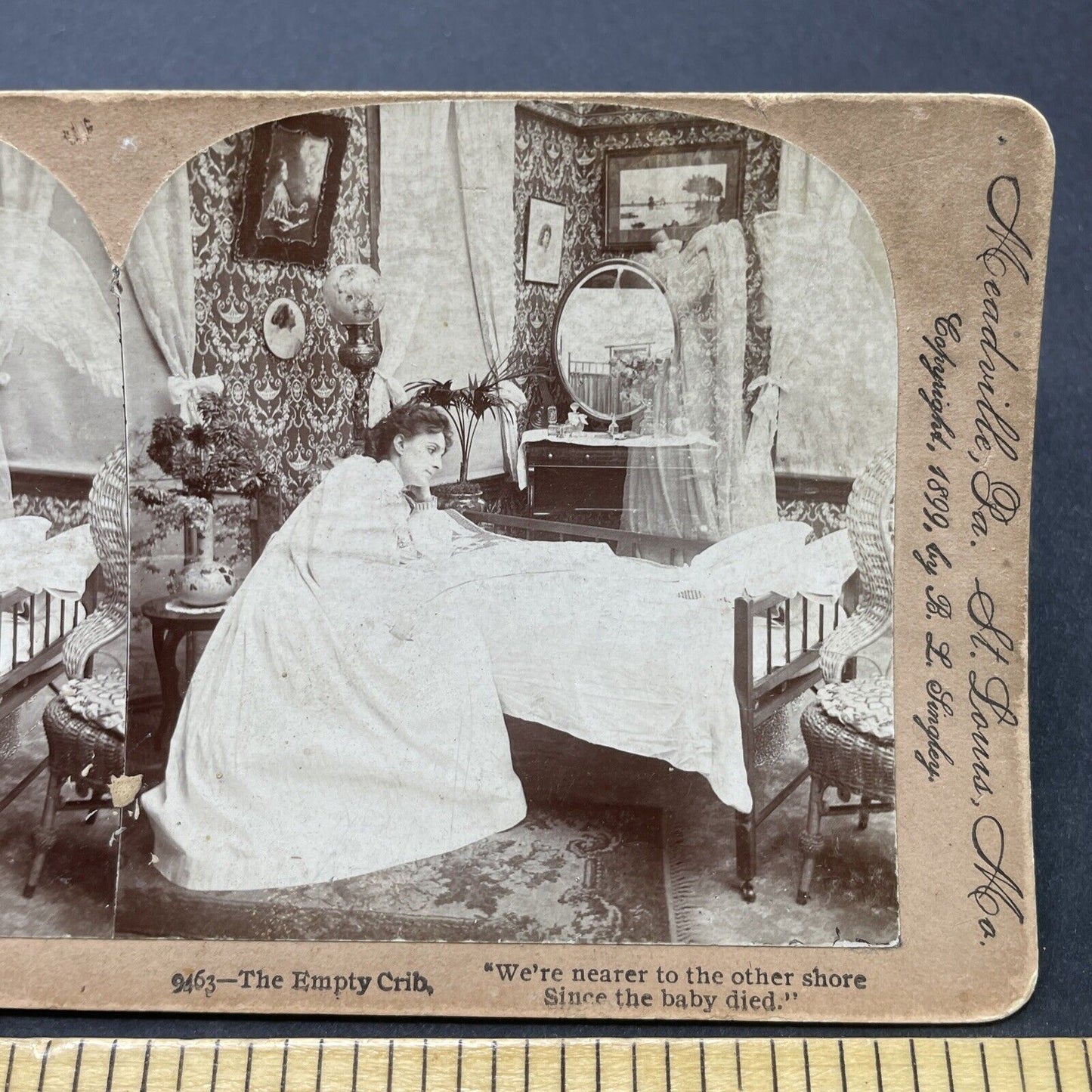 Antique 1899 Woman Grieves Dead Baby Child DAMAGED Stereoview Photo Card P2594