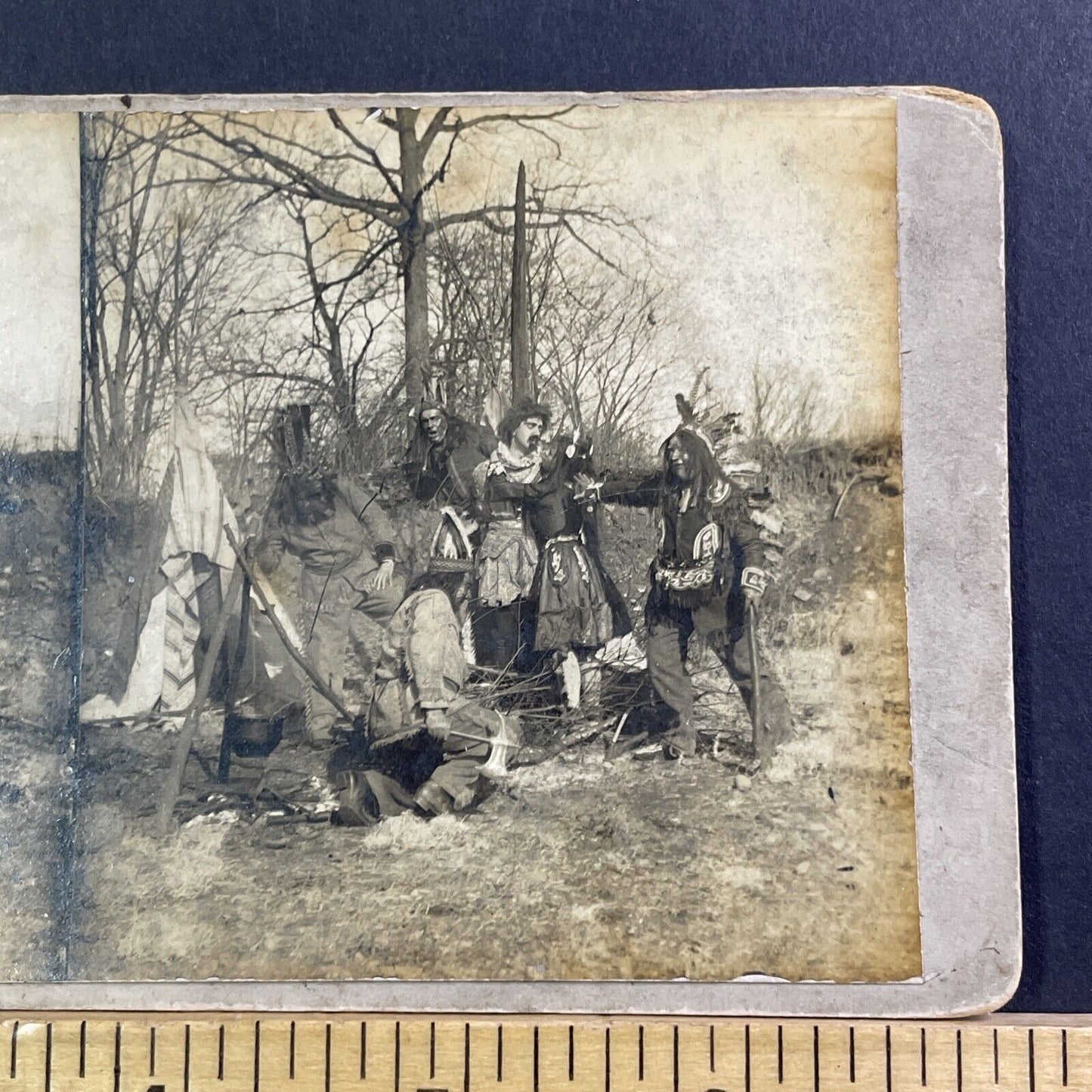 Native Indian Theater Troupe Tie Man To Stake Stereoview Antique c1910 X2476