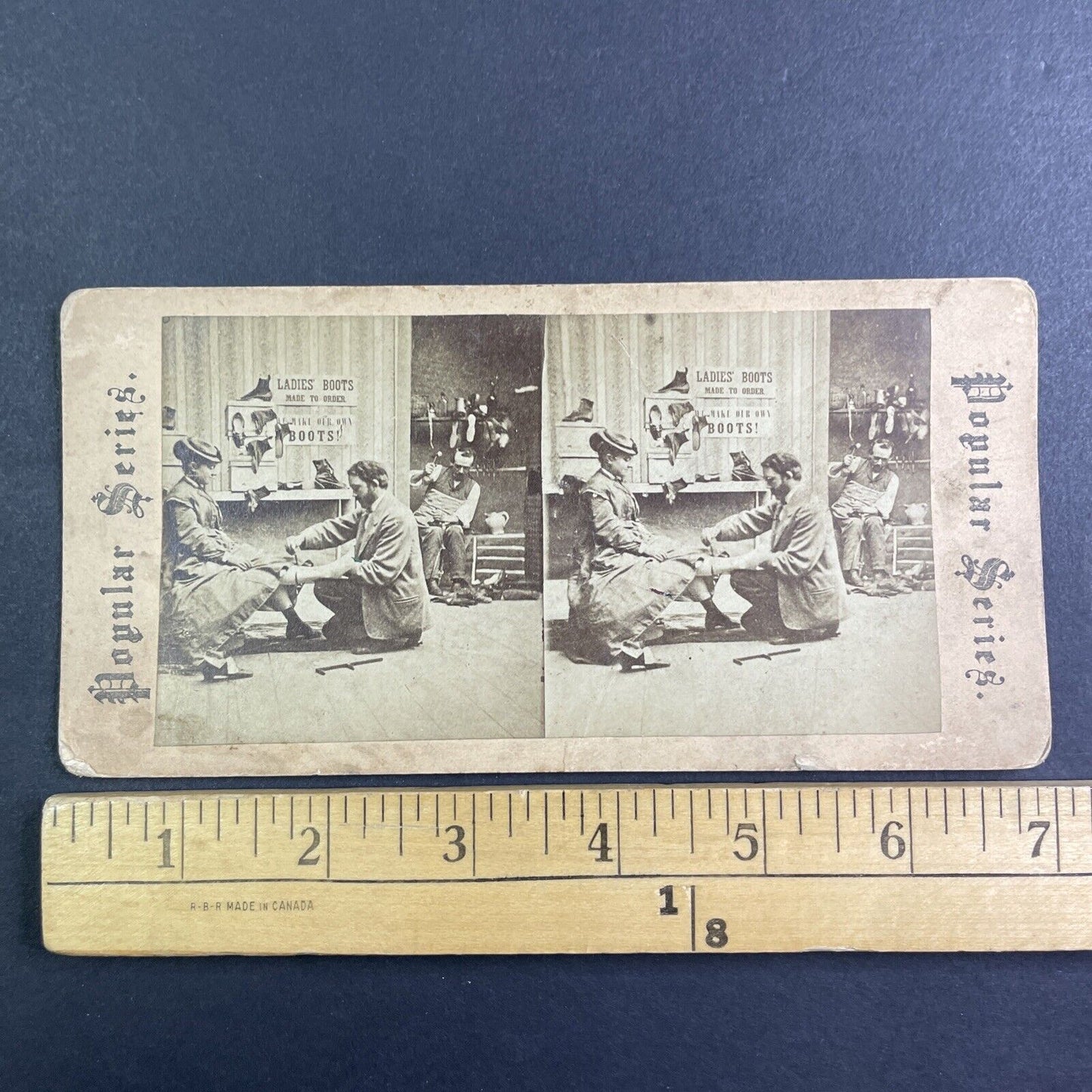 Shoemaker Man Measures Woman's Foot Stereoview Antique c1870s Y1208