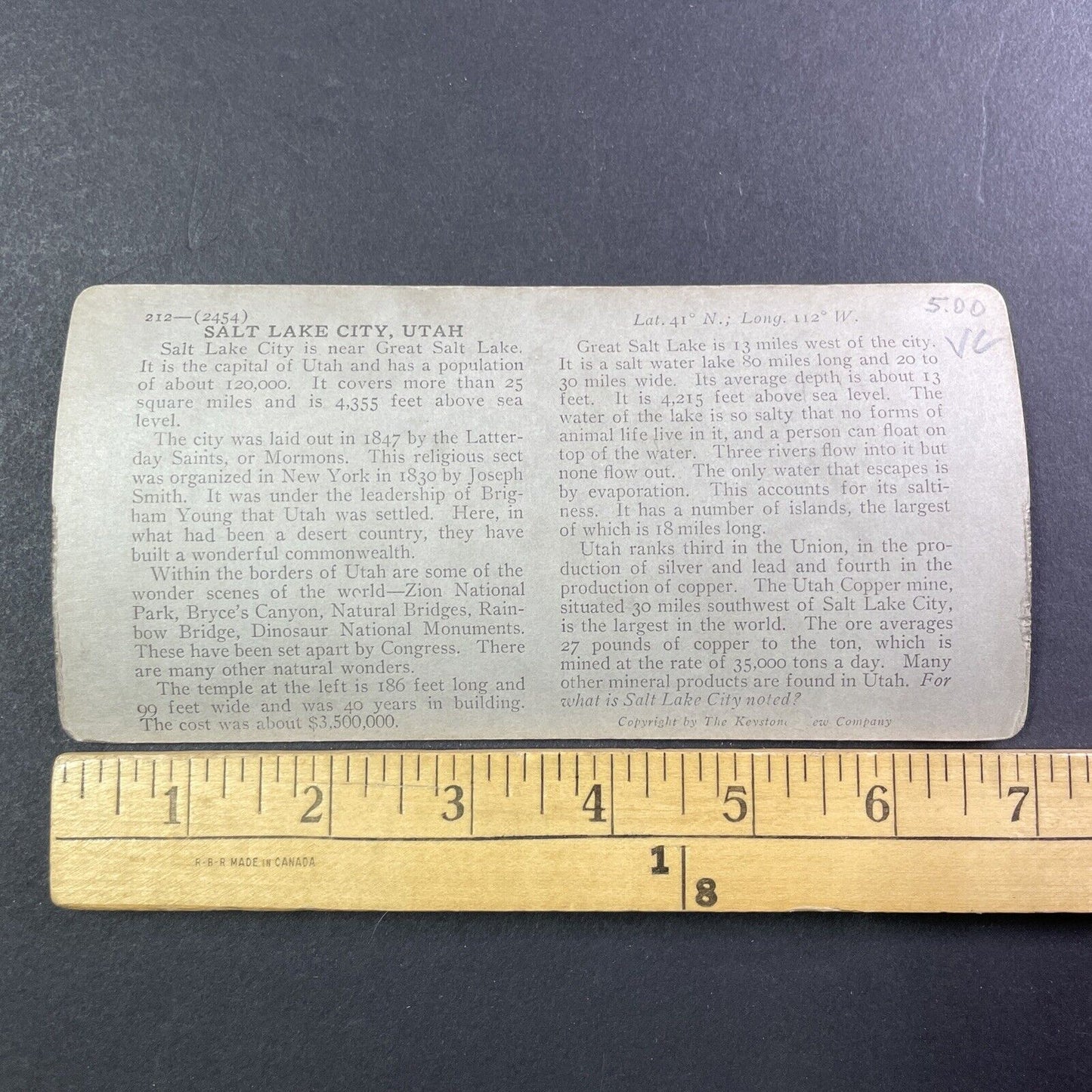 Salt Lake City Utah Stereoview Downtown Panorama View Antique c1920s Y512