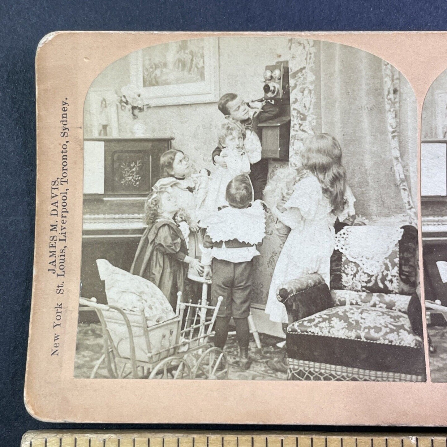 Children Inspect a New Telephone Stereoview James M. Davis Antique c1899 Y138