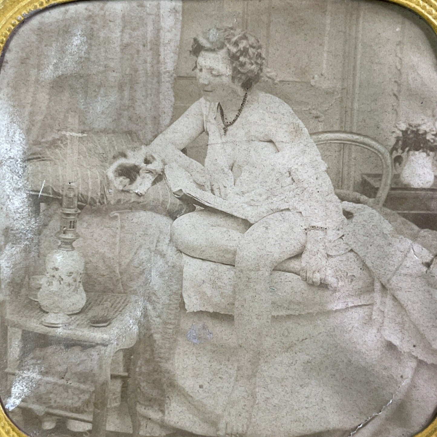 Risque Photo Of Woman Undressing Stereoview French Tissue Antique c1860s XT2121