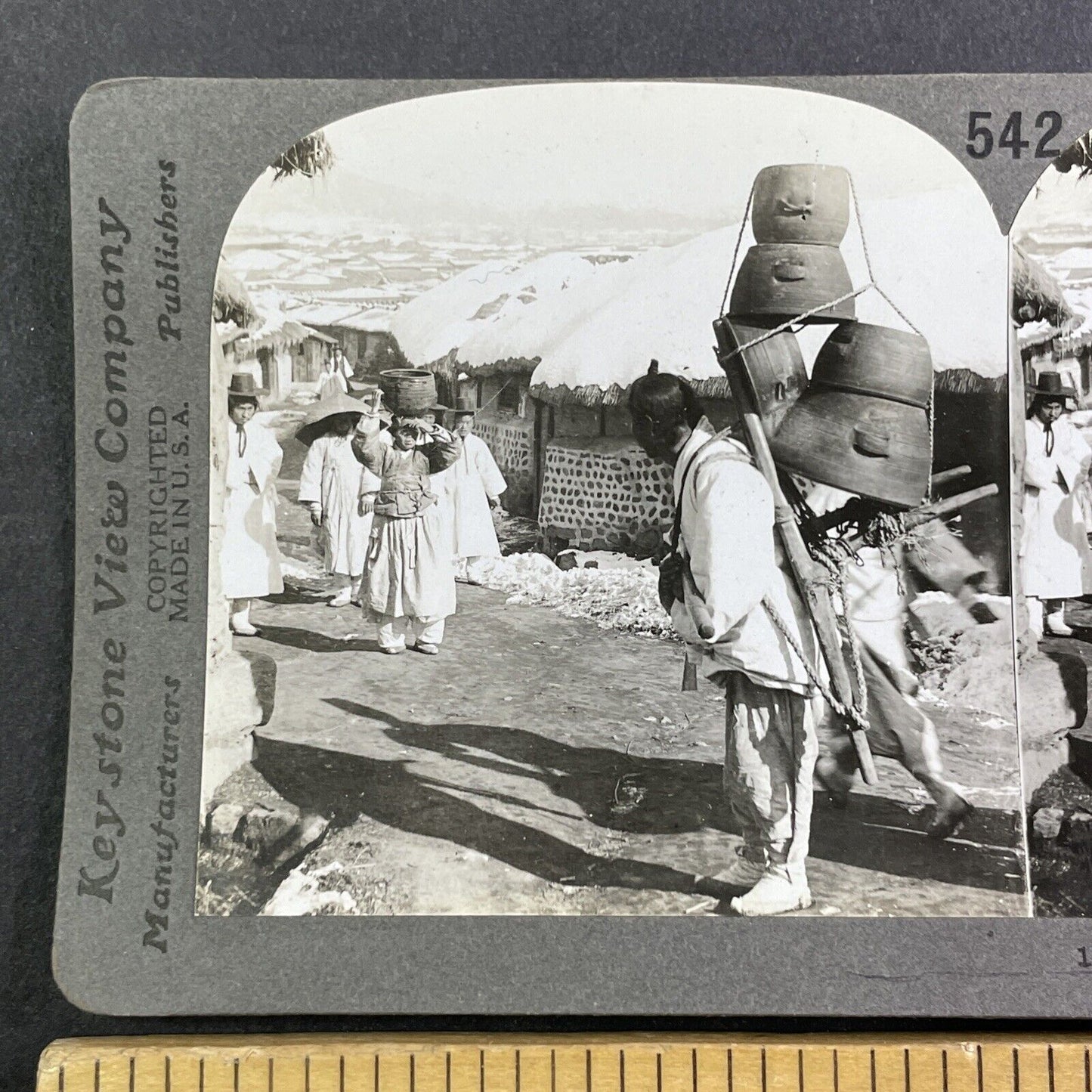 Men Selling Pottery Stereoview Seoul South Korea Antique c1899 Y154