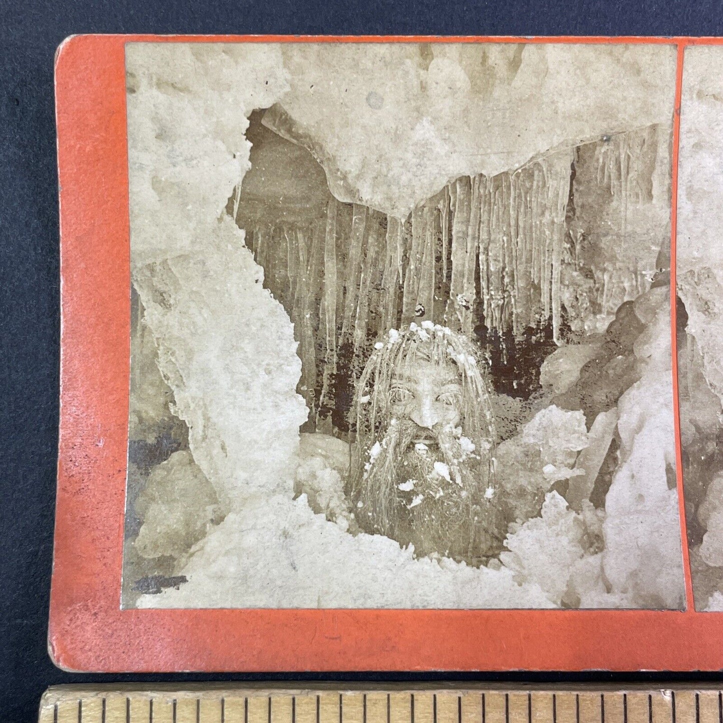 Creepy Stuffed Cloth Head Stereoview The Winter King Antique c1875 Y1346