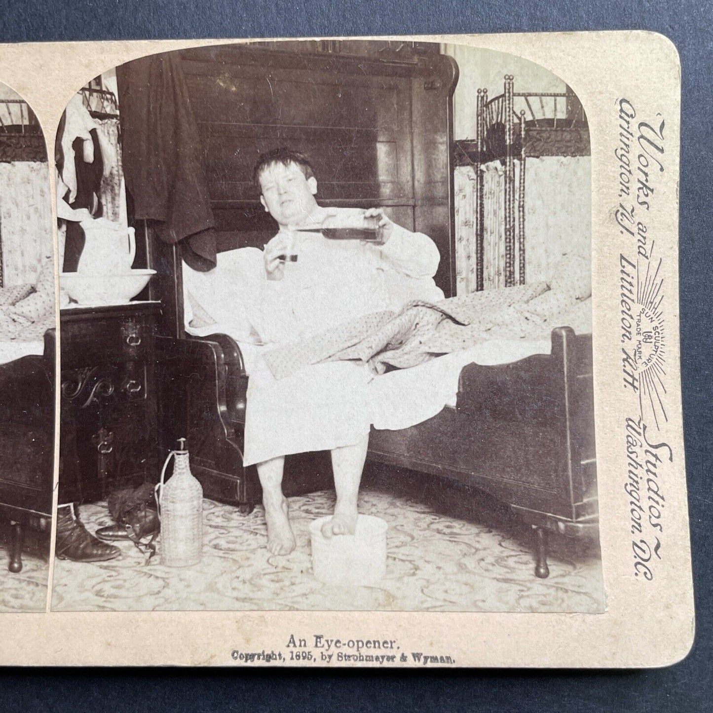 Antique 1895 Boy Wakes Up Drinking Whiskey Stereoview Photo Card P1642
