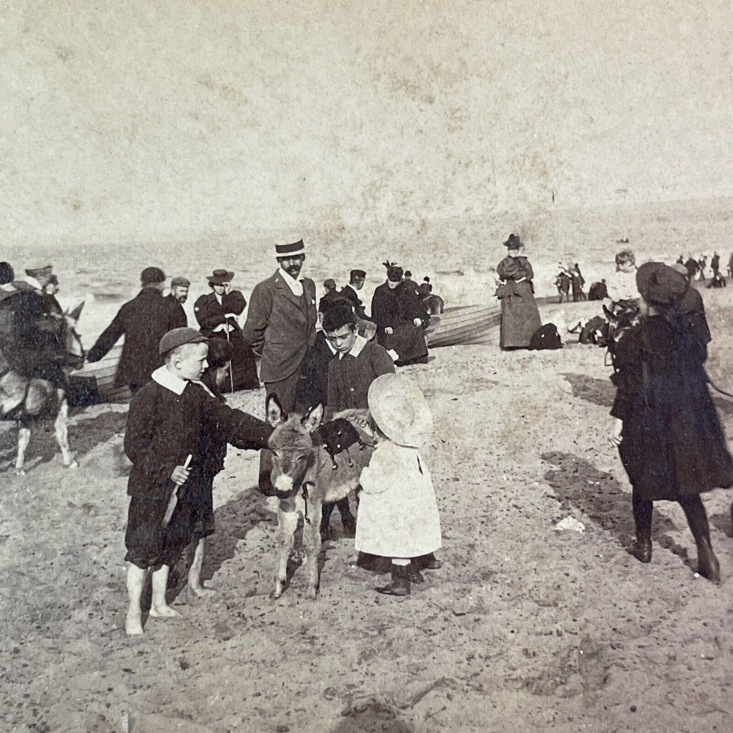 Beach Scene with Donkey Stereoview Edinburgh Scotland Antique c1897 Y960