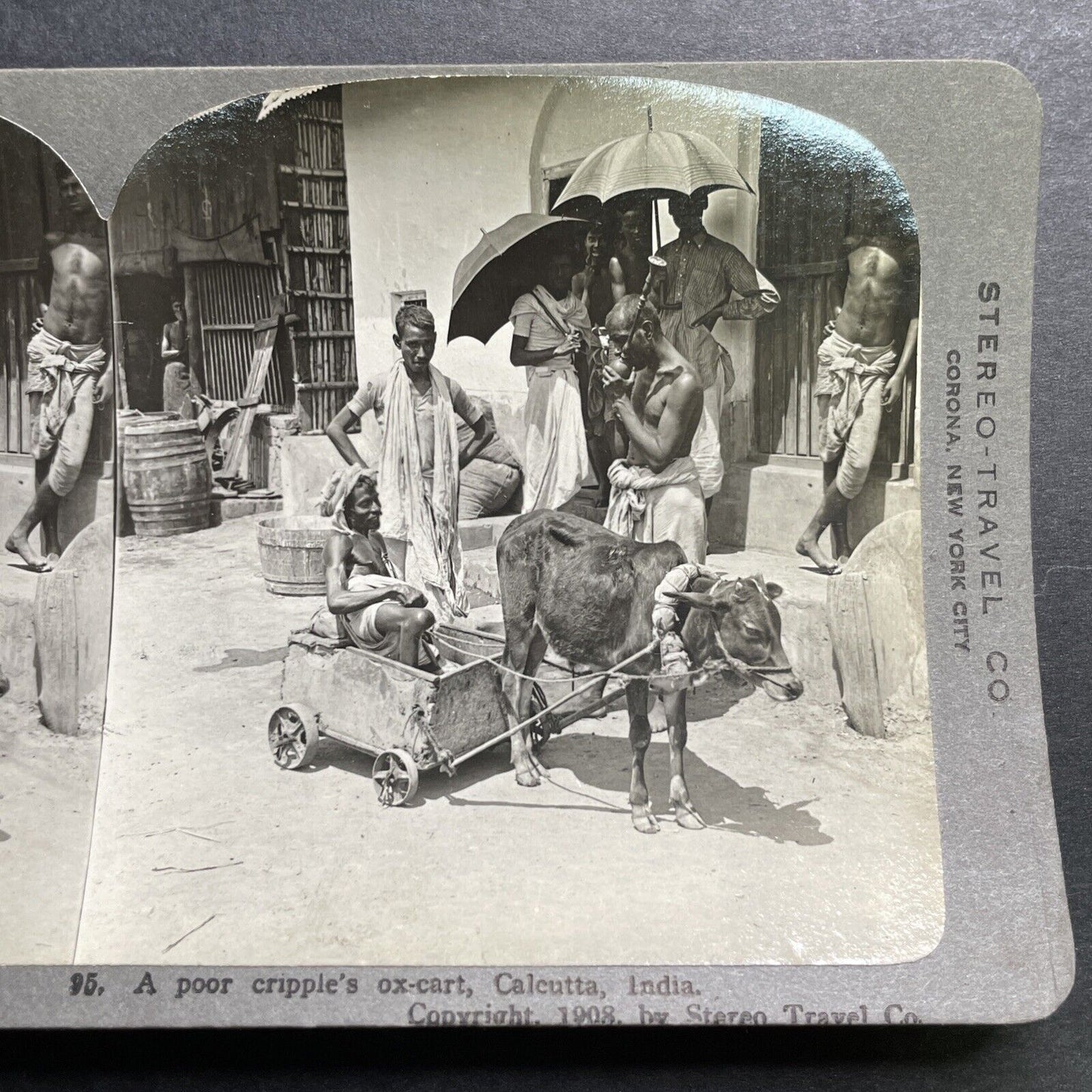 Antique 1908 Man In Ox Cart Wheelchair In Calcutta Stereoview Photo Card P1358