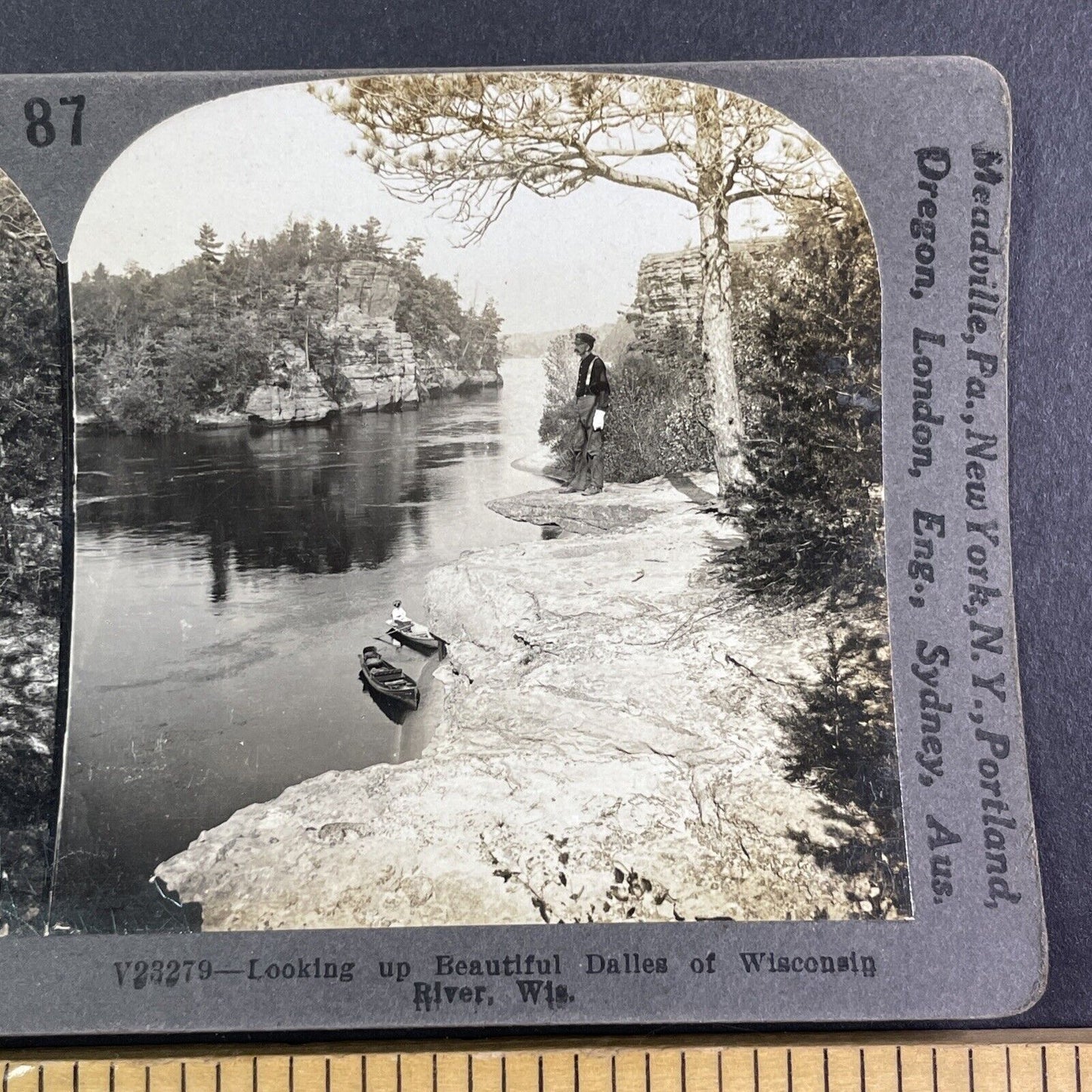 Man Standing at Edge of Cliff Stereoview Wisconsin River Antique c1909 Y1144