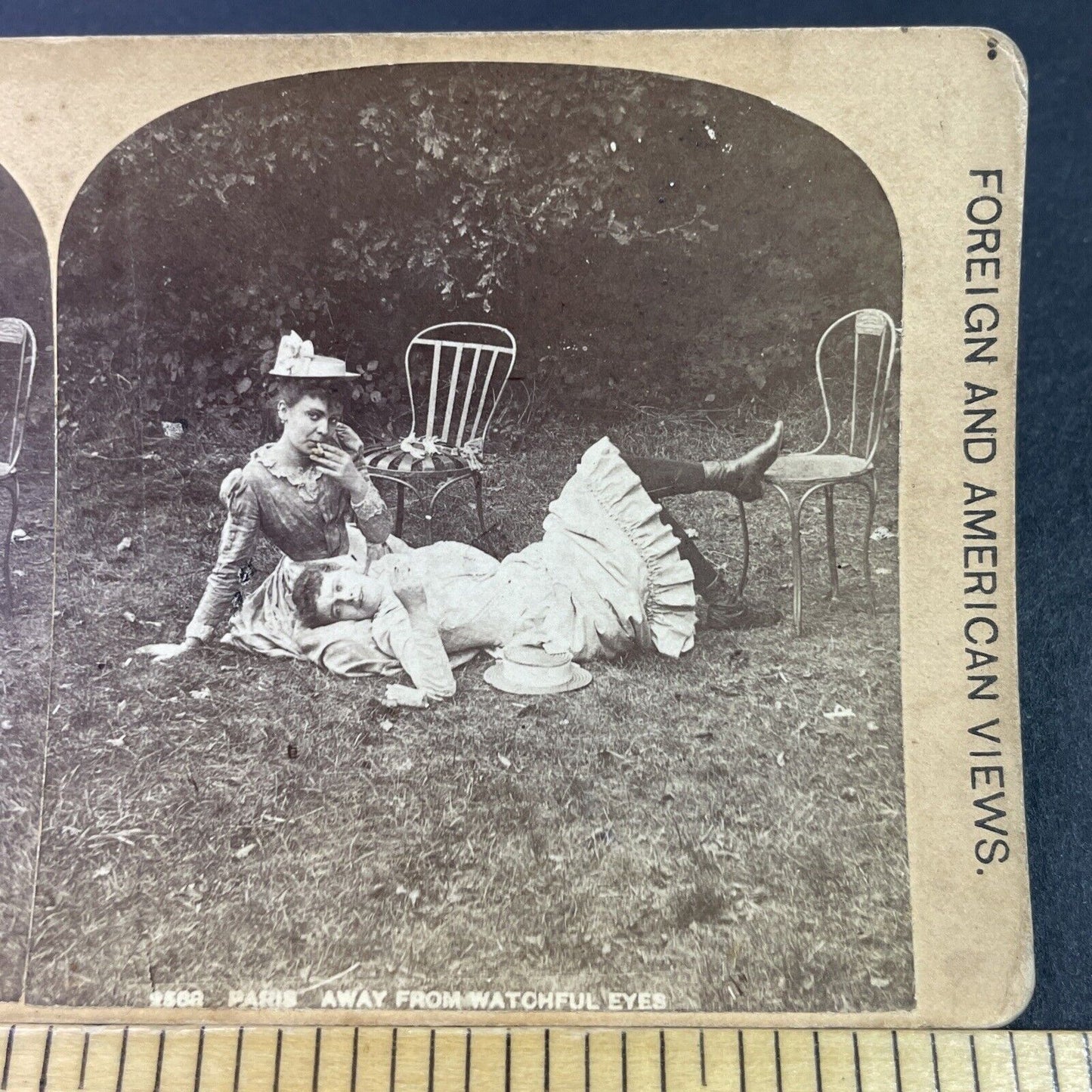 Antique 1880s Women In Paris Cuddle In Public Park Stereoview Photo Card P3351