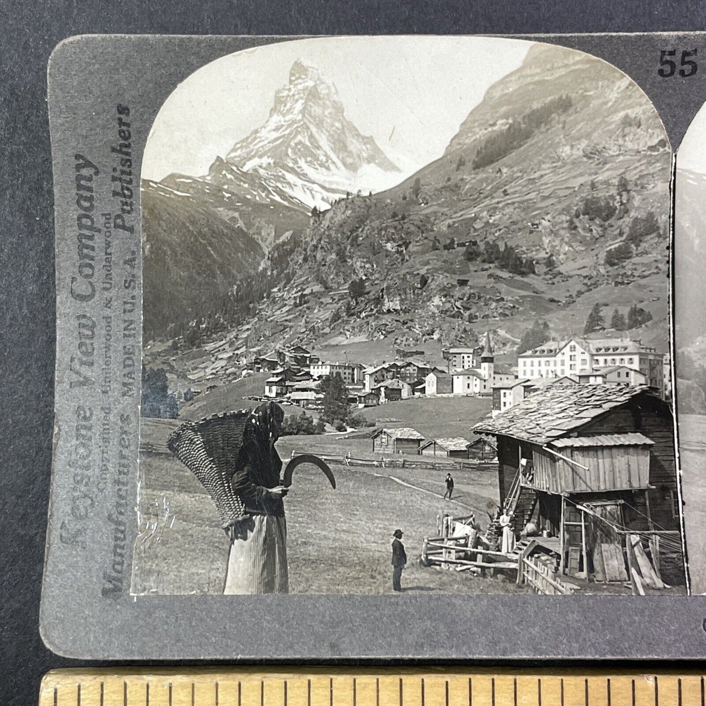 Woman with Scythe Matterhorn Zermatt Switzerland Stereoview Antique c1899 Y493