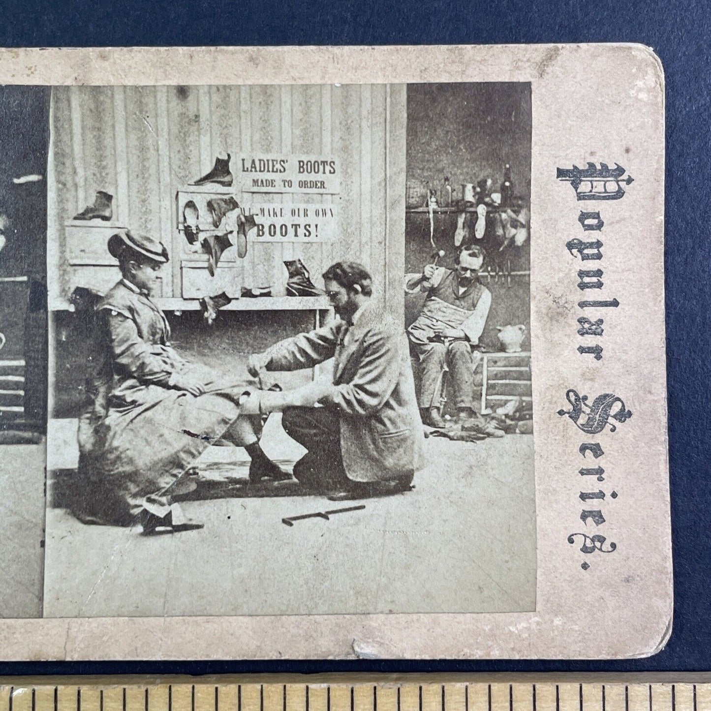 Shoemaker Man Measures Woman's Foot Stereoview Antique c1870s Y1208
