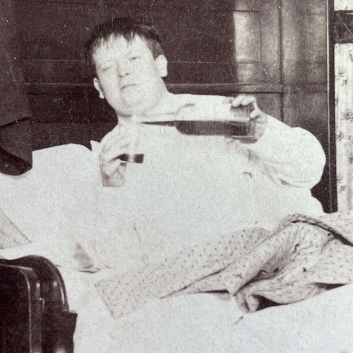 Antique 1895 Boy Wakes Up Drinking Whiskey Stereoview Photo Card P1642