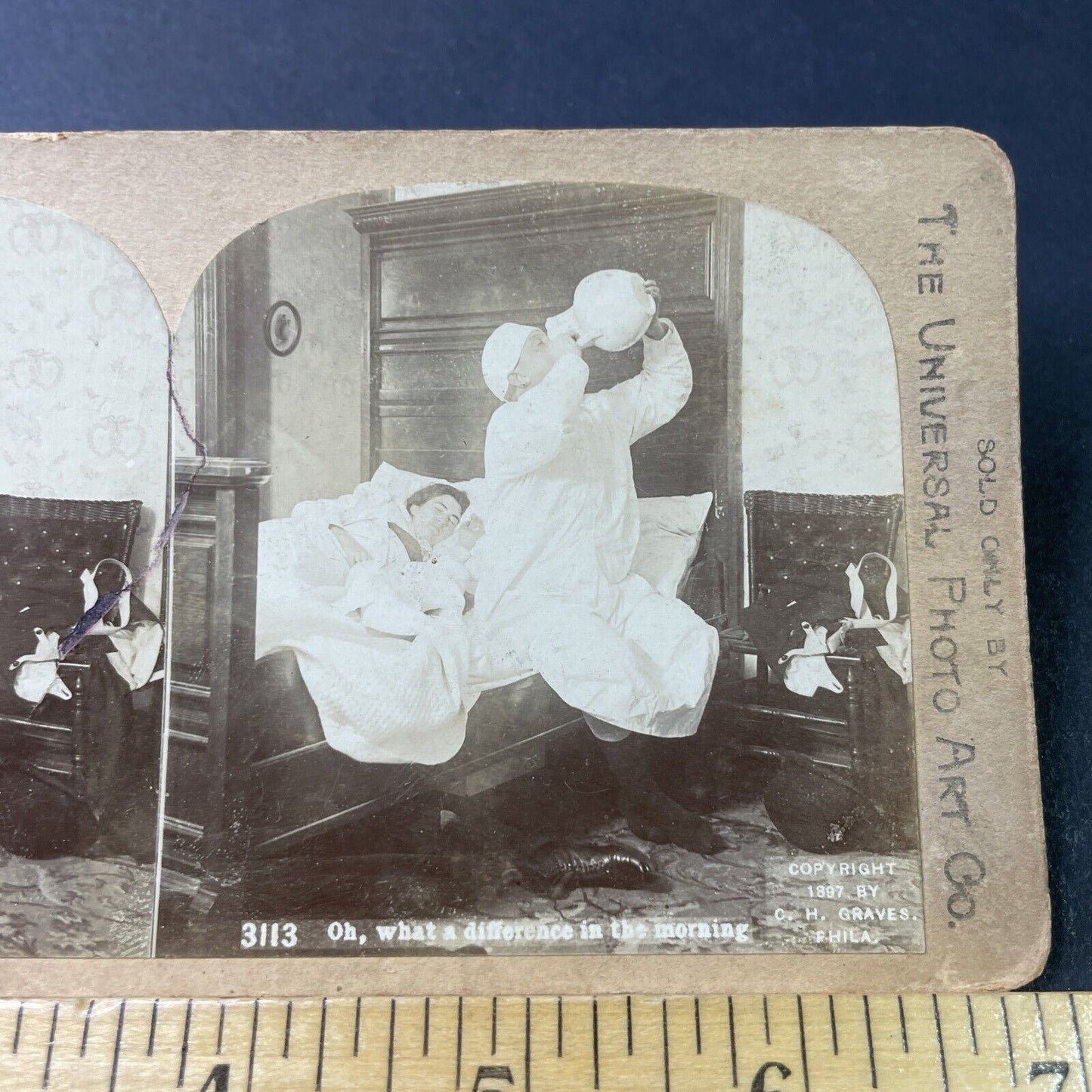 Antique 1897 Drunk Man Drinks From Urinal Pot Stereoview Photo Card P2988