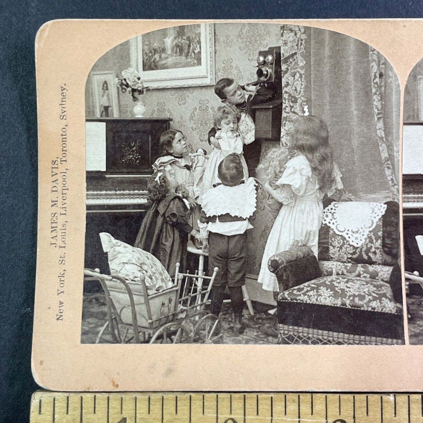 Children Learn To Use A Telephone Stereoview James M Davis Antique c1899 X1829