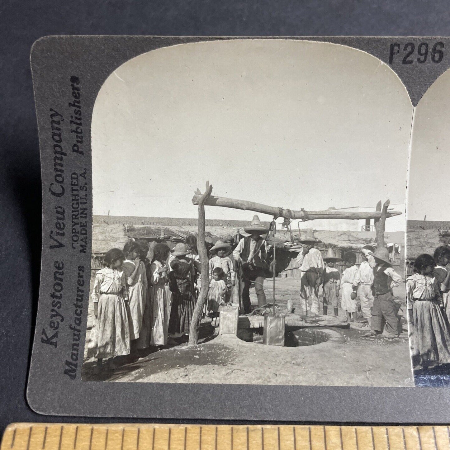 Antique 1906 Children Standing Around An Open Well Stereoview Photo Card P4446
