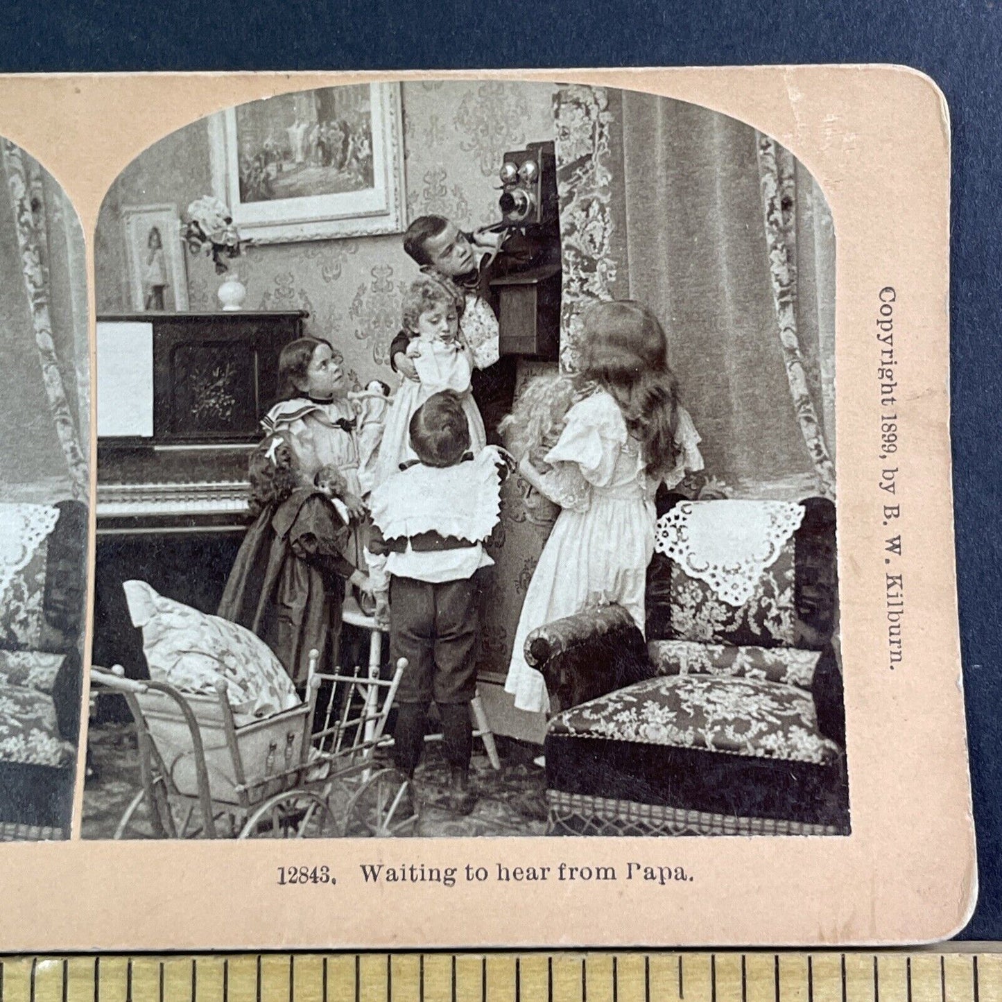 Children Learn To Use A Telephone Stereoview James M Davis Antique c1899 X1829