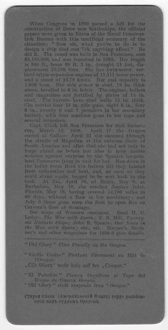 Antique 1899 United States Navy 'USS Oregon' Naval Battleship Photo Card P007