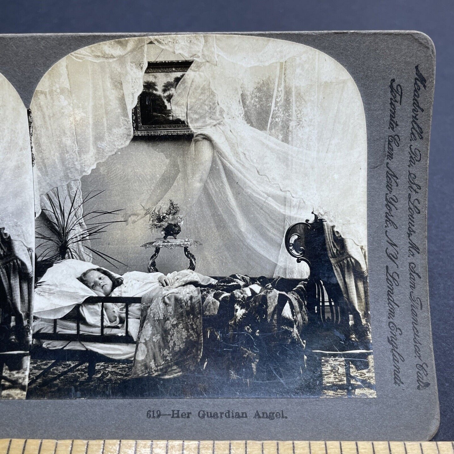 Antique 1898 Child Being Watched Over By An Angel Stereoview Photo Card P1981