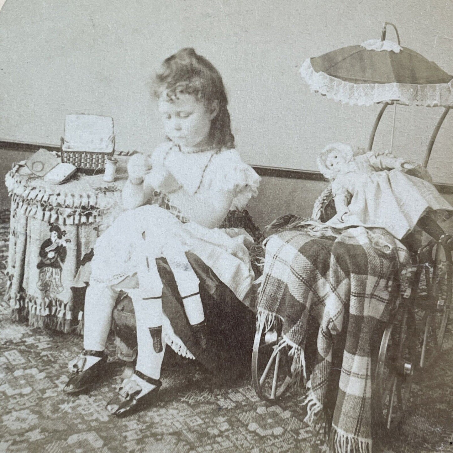Little Girl Mending Doll Clothes Stereoview Victorian Dolls Antique c1880 Y457