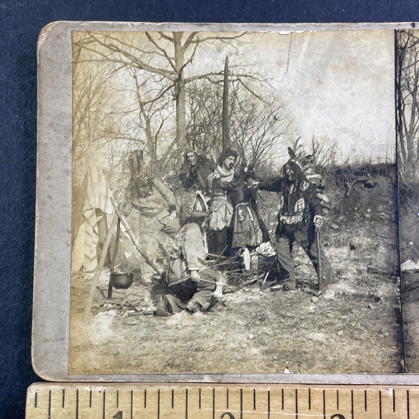 Native Indian Theater Troupe Tie Man To Stake Stereoview Antique c1910 X2476