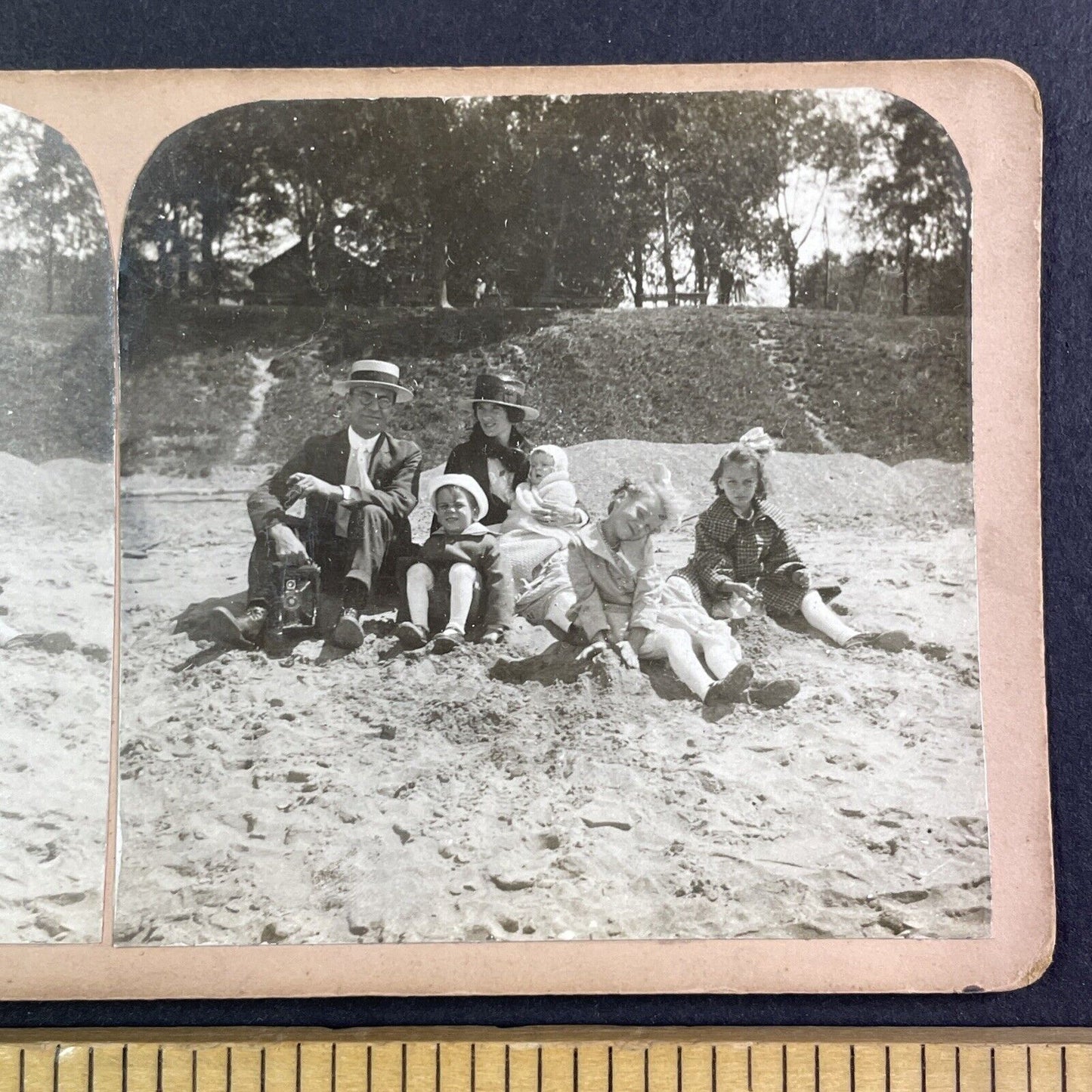 Family on a Beach Grimsby Park Ontario Canada Stereoview Antique c1913 Y2734