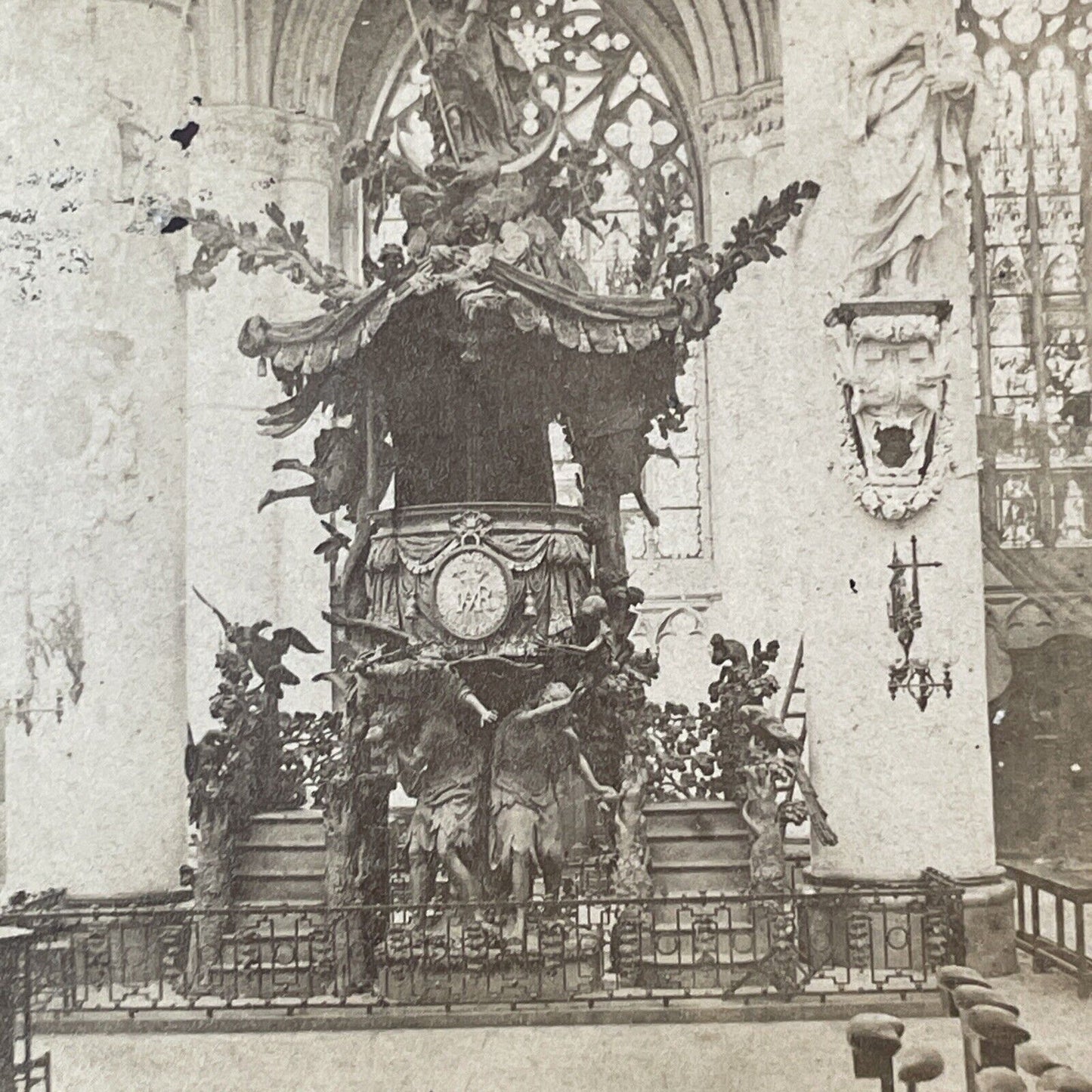 Chaire Dans St. Gudule Cathedral Church Stereoview Brussels Antique c1870s X2725