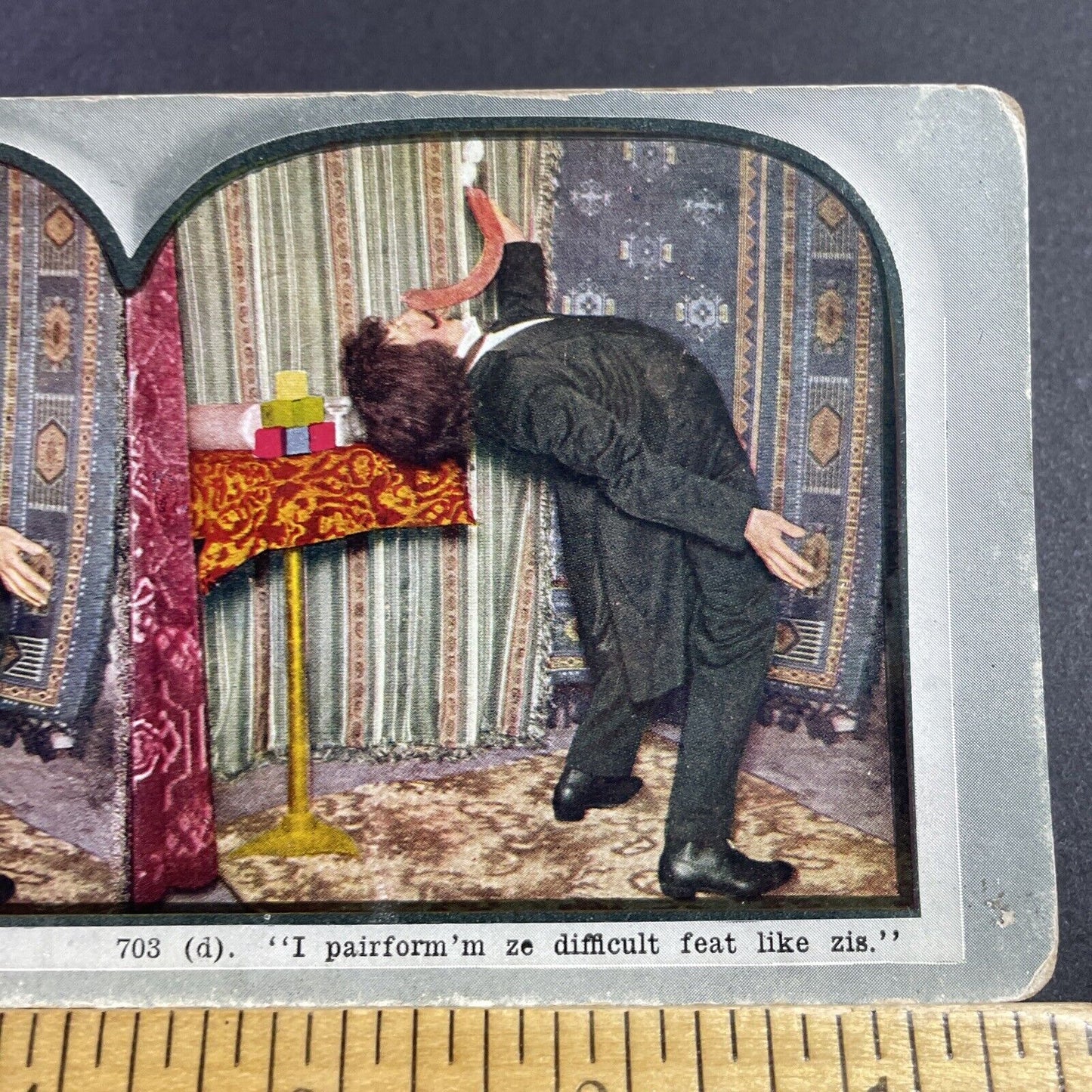 Antique 1906 Circus Magician Balancing Eggs & Sausage Stereoview Photo Card 2262