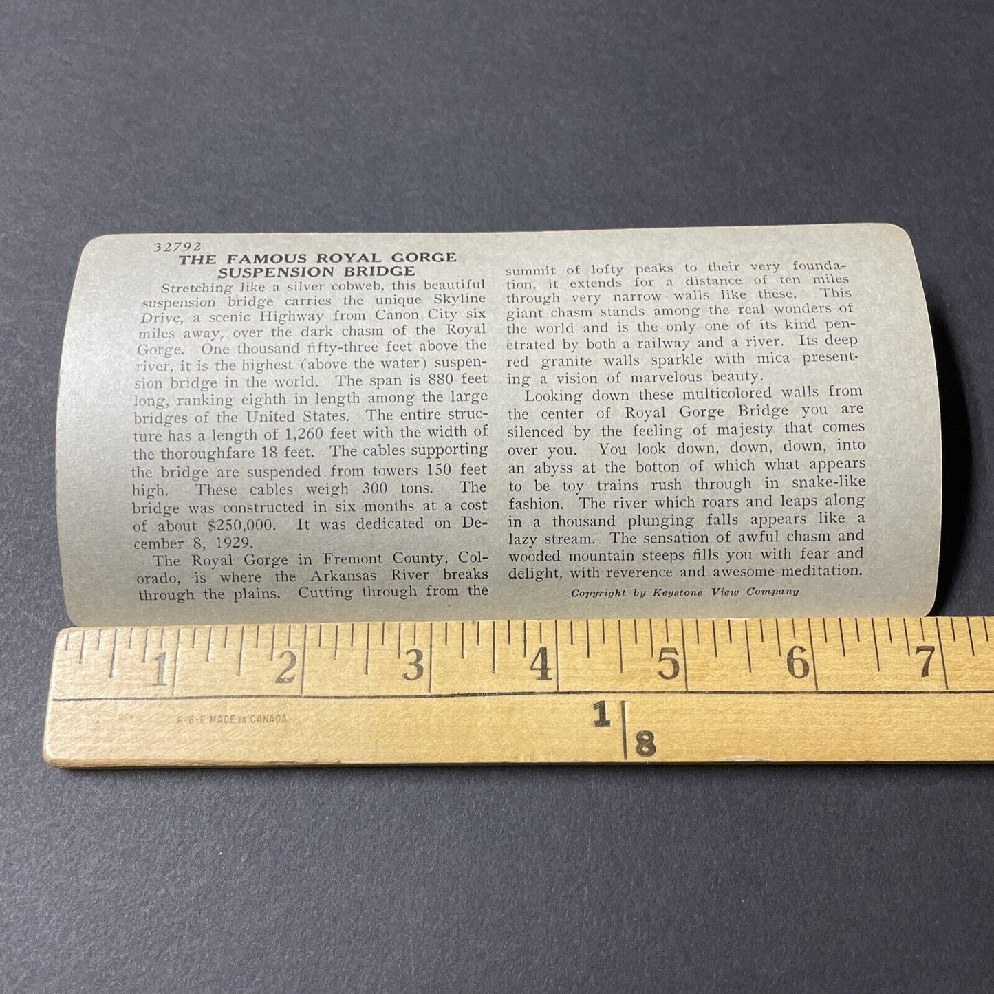 Antique 1920s Royal Gorge Bridge Canon City CO Stereoview Photo Card V2822