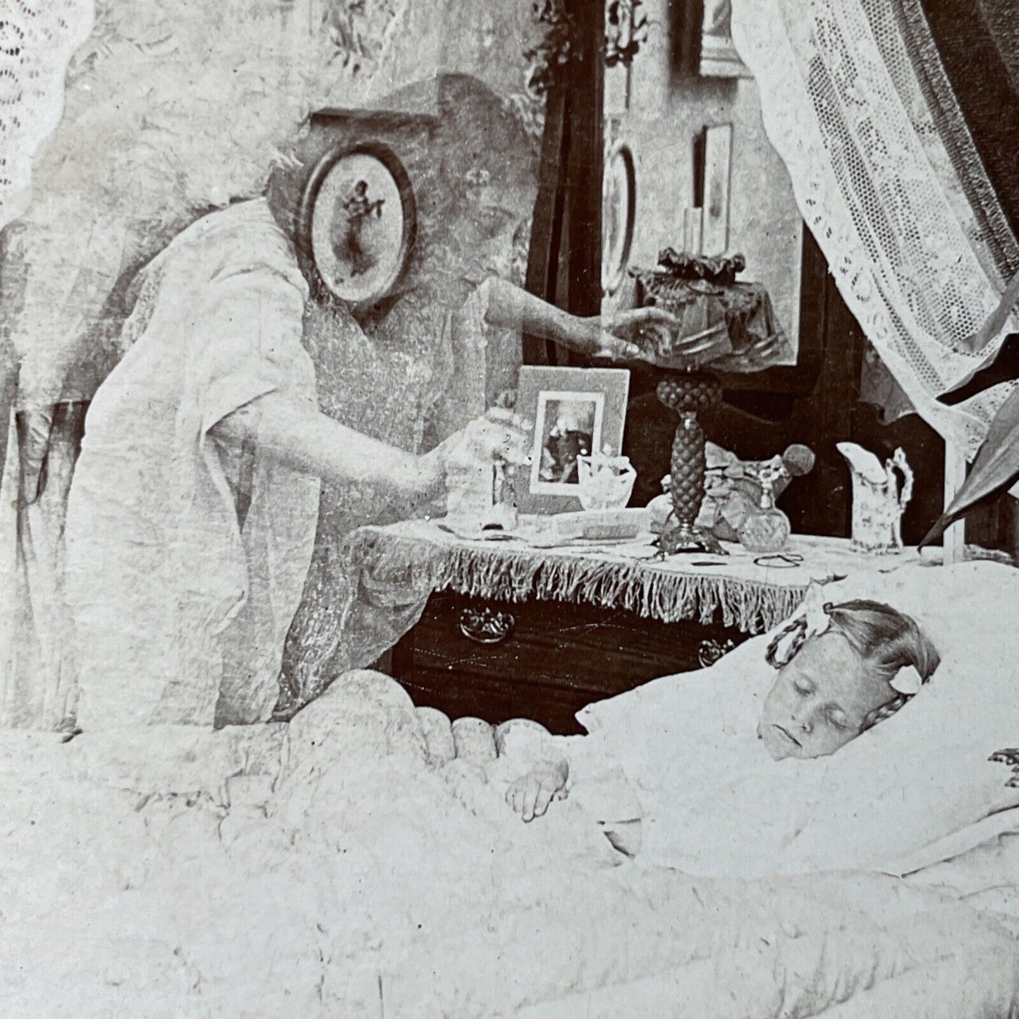 Antique 1897 Dead Mother Watches Sleeping Daughter Stereoview Photo Card P3395