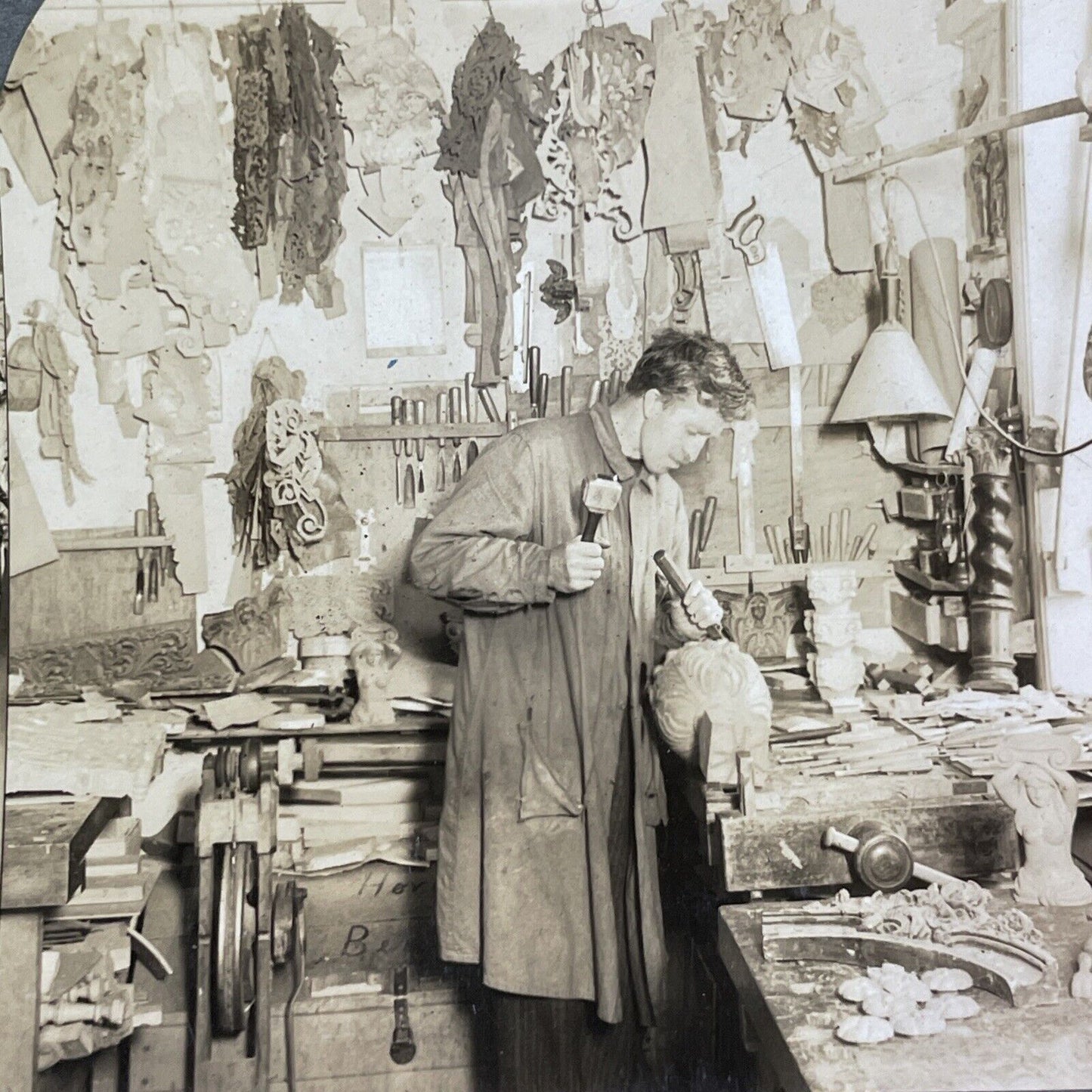 A Master Wood Carver in Bergen Norway Stereoview Antique c1910s Y1367