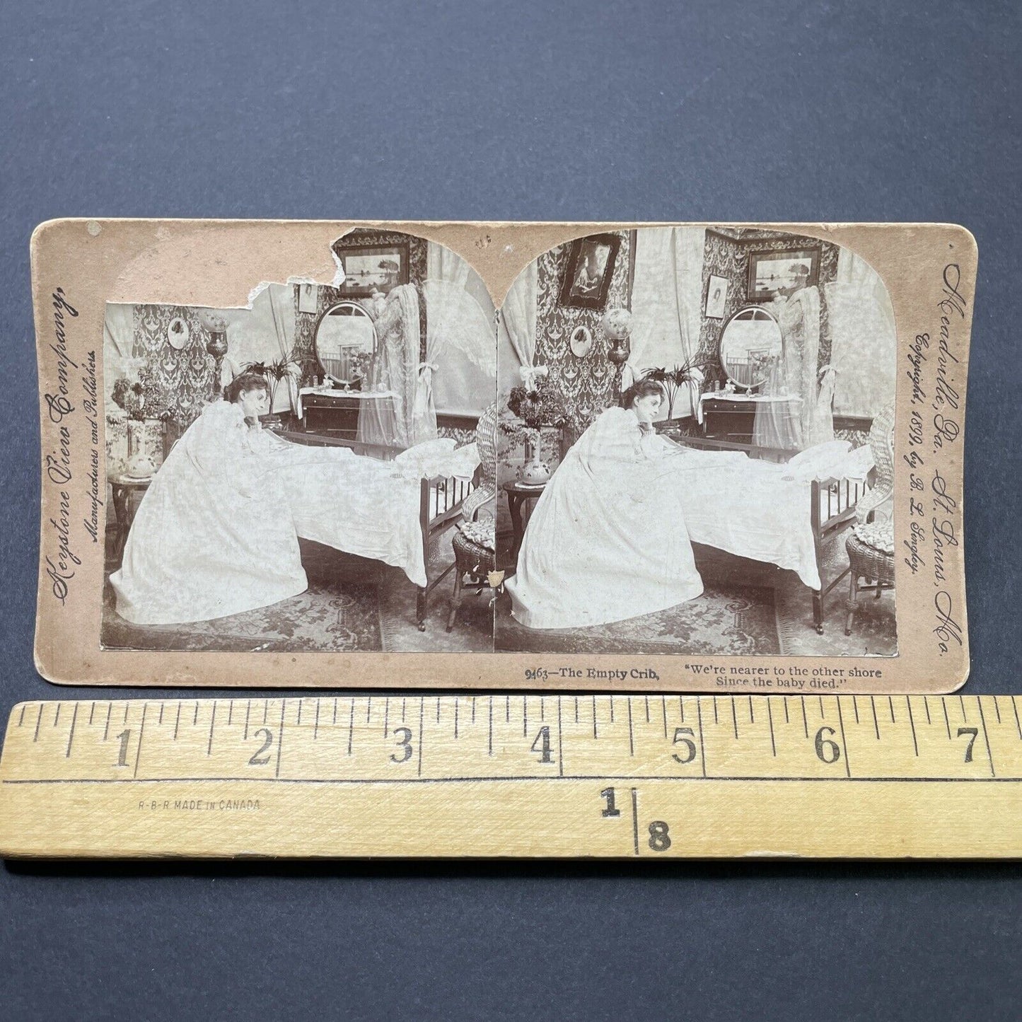 Antique 1899 Woman Grieves Dead Baby Child DAMAGED Stereoview Photo Card P2594