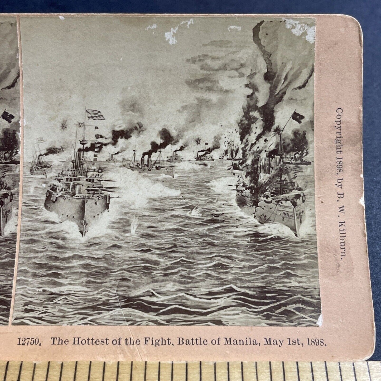 Antique 1898 US Battleships At War In Manila Stereoview Photo Card P5084
