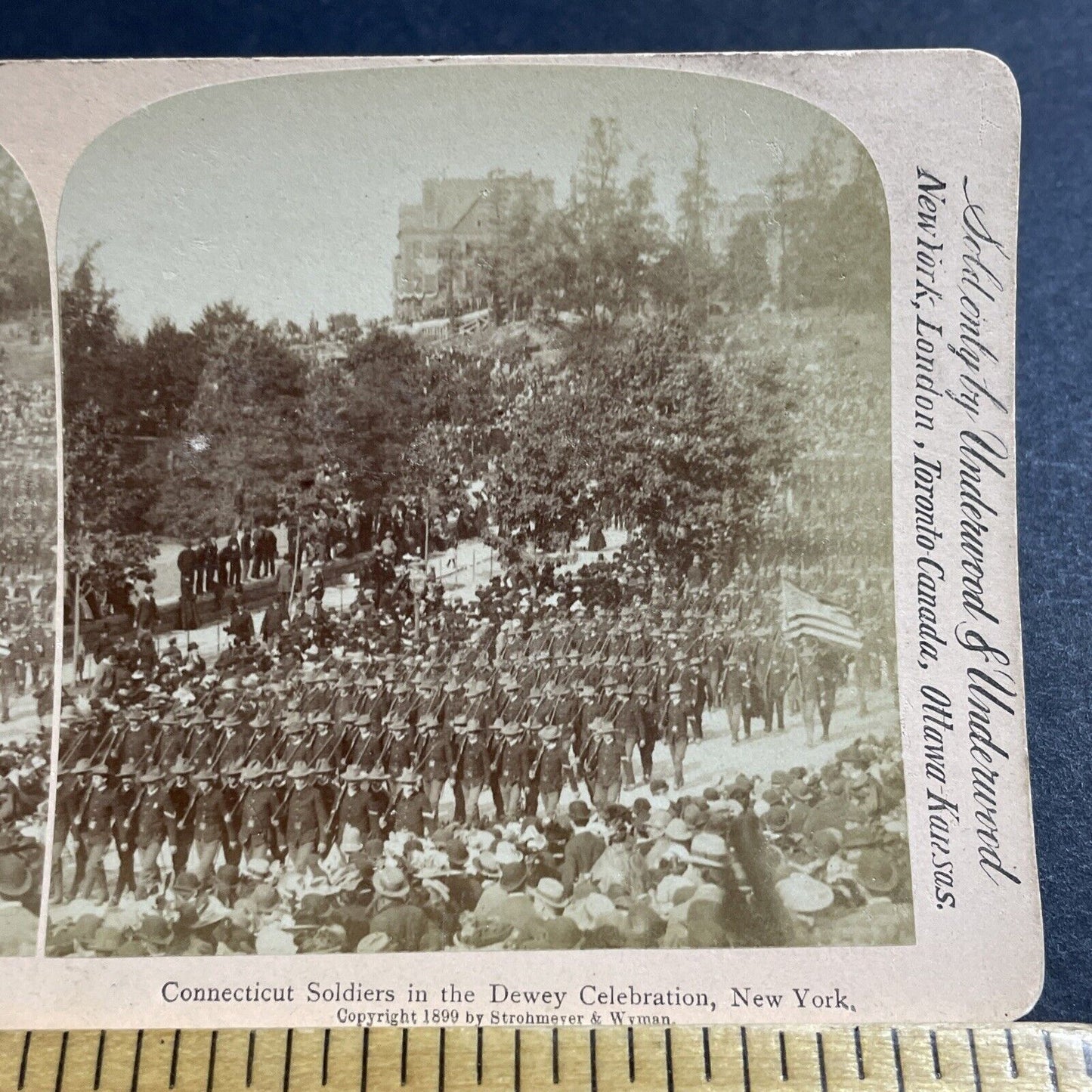 Antique 1899 US Army Marching Manhattan New York Stereoview Photo Card P4943