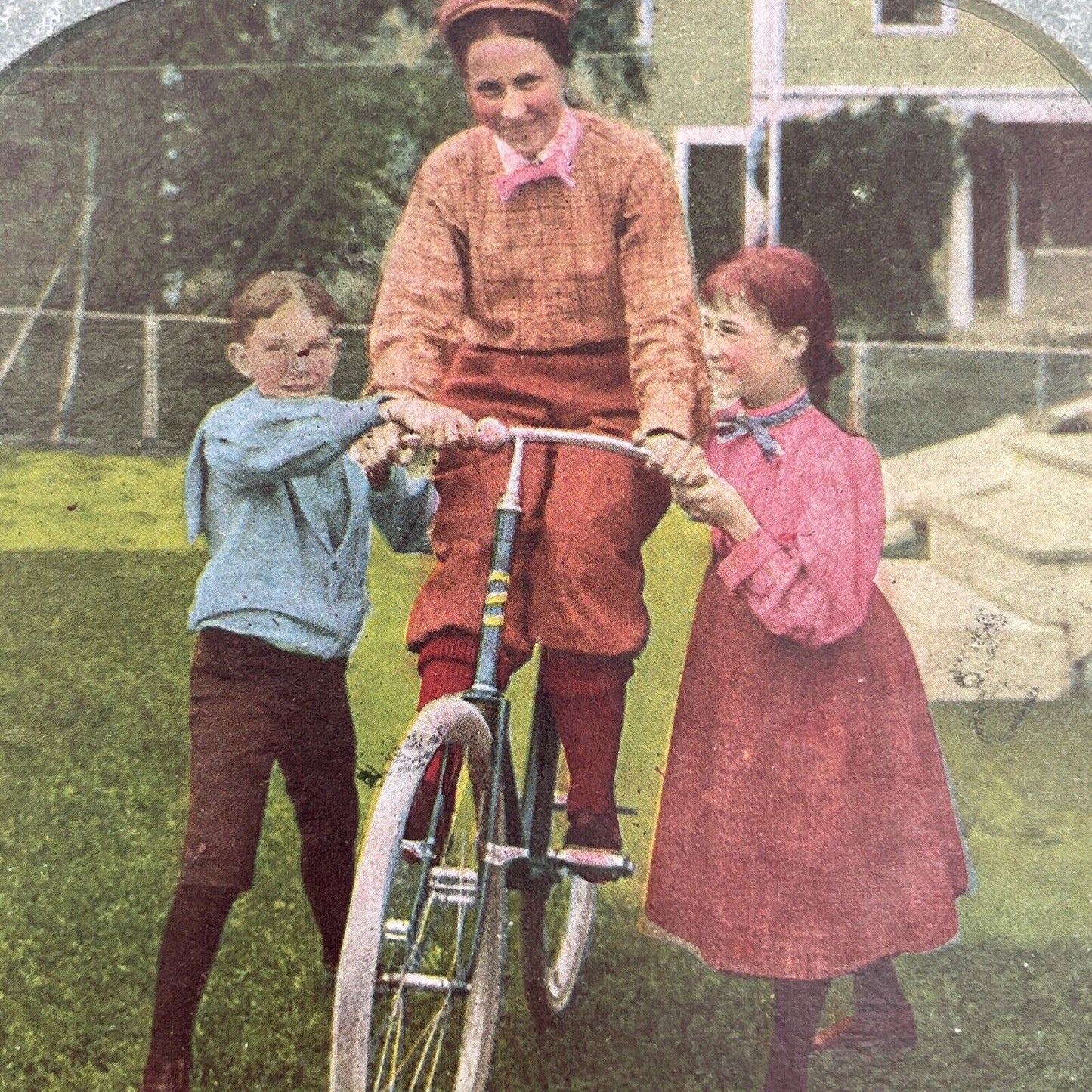 Antique 1898 Woman Learning To Ride A Bicycle Stereoview Photo Card P1253