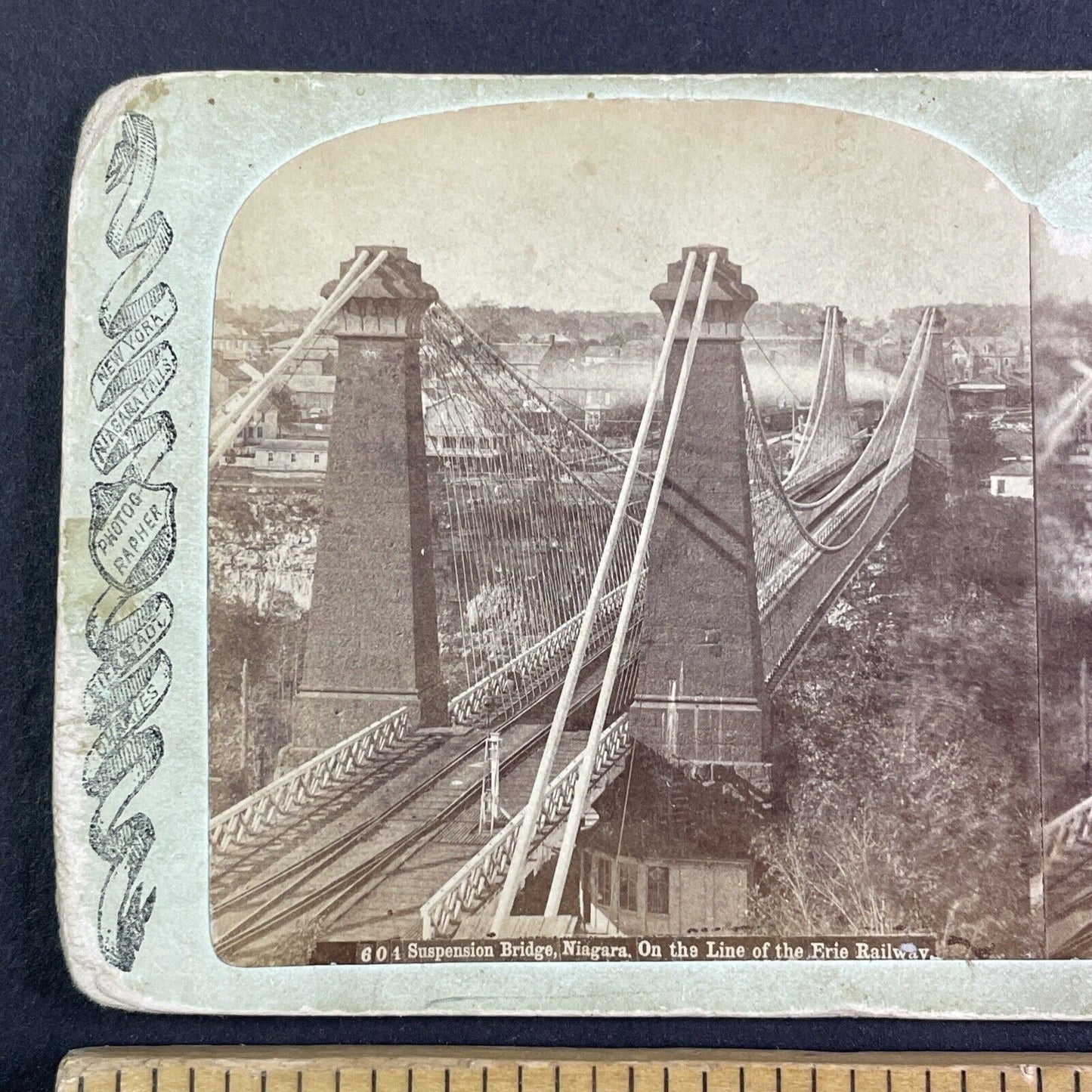 Erie Railway Suspension Bridge Stereoview Bierstadt Antique c1870s Y2707 DAMAGED