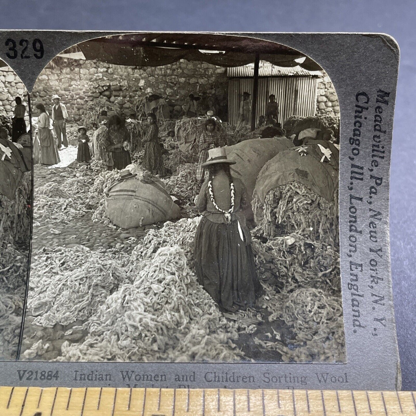 Antique 1909 Native Women Farm Alpaca Wool Peru Stereoview Photo Card P1926