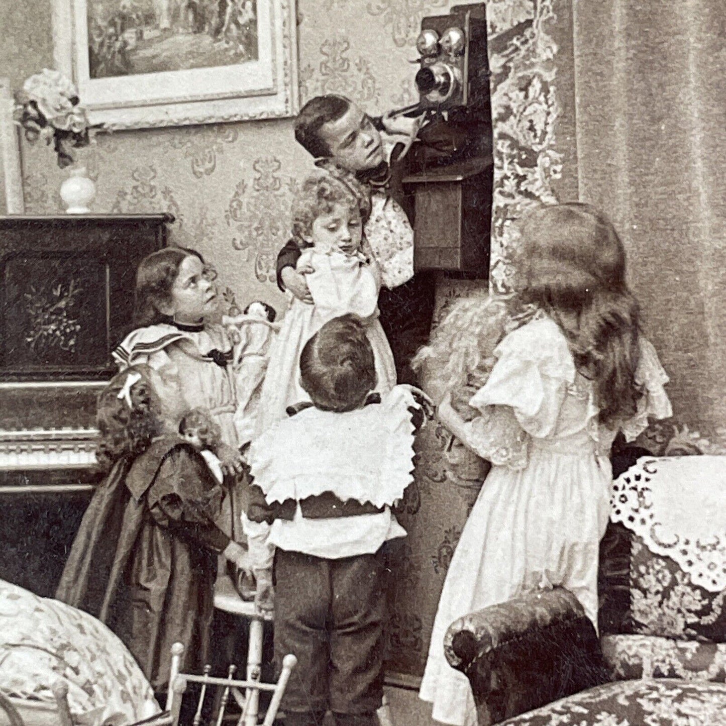 Children Learn To Use A Telephone Stereoview James M Davis Antique c1899 X1829