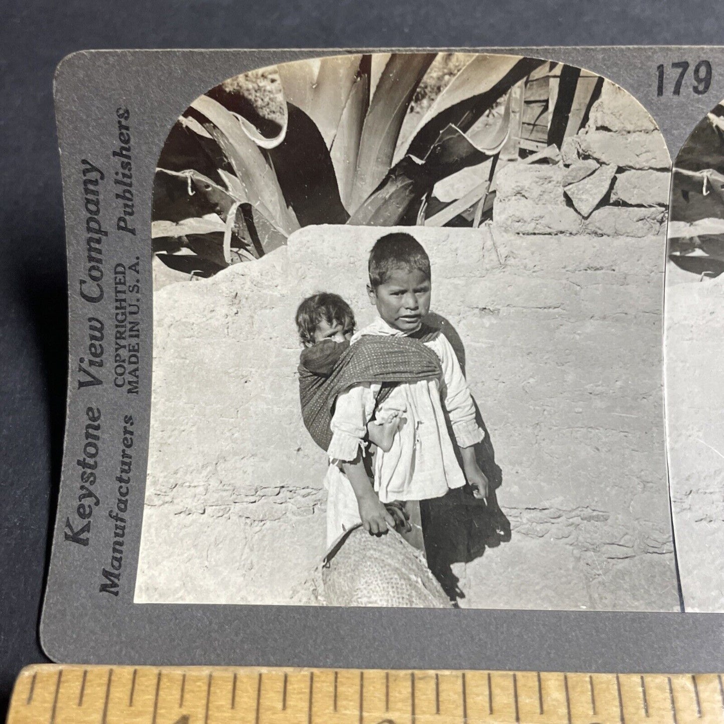 Antique 1910s Native Mexico Toddler Carrying A Baby Stereoview Photo Card P4447