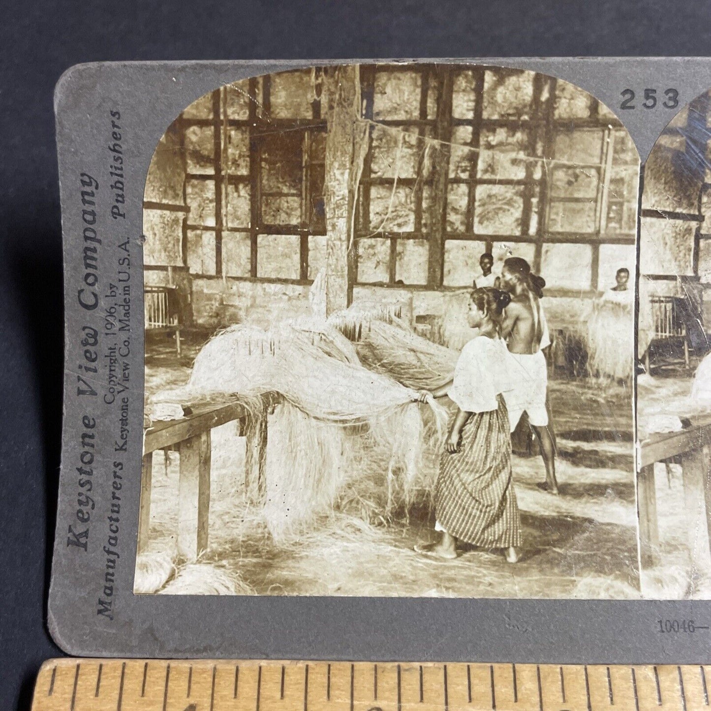 Antique 1906 Pinay Pinoy Woman Weaving Hemp Stereoview Photo Card P4477
